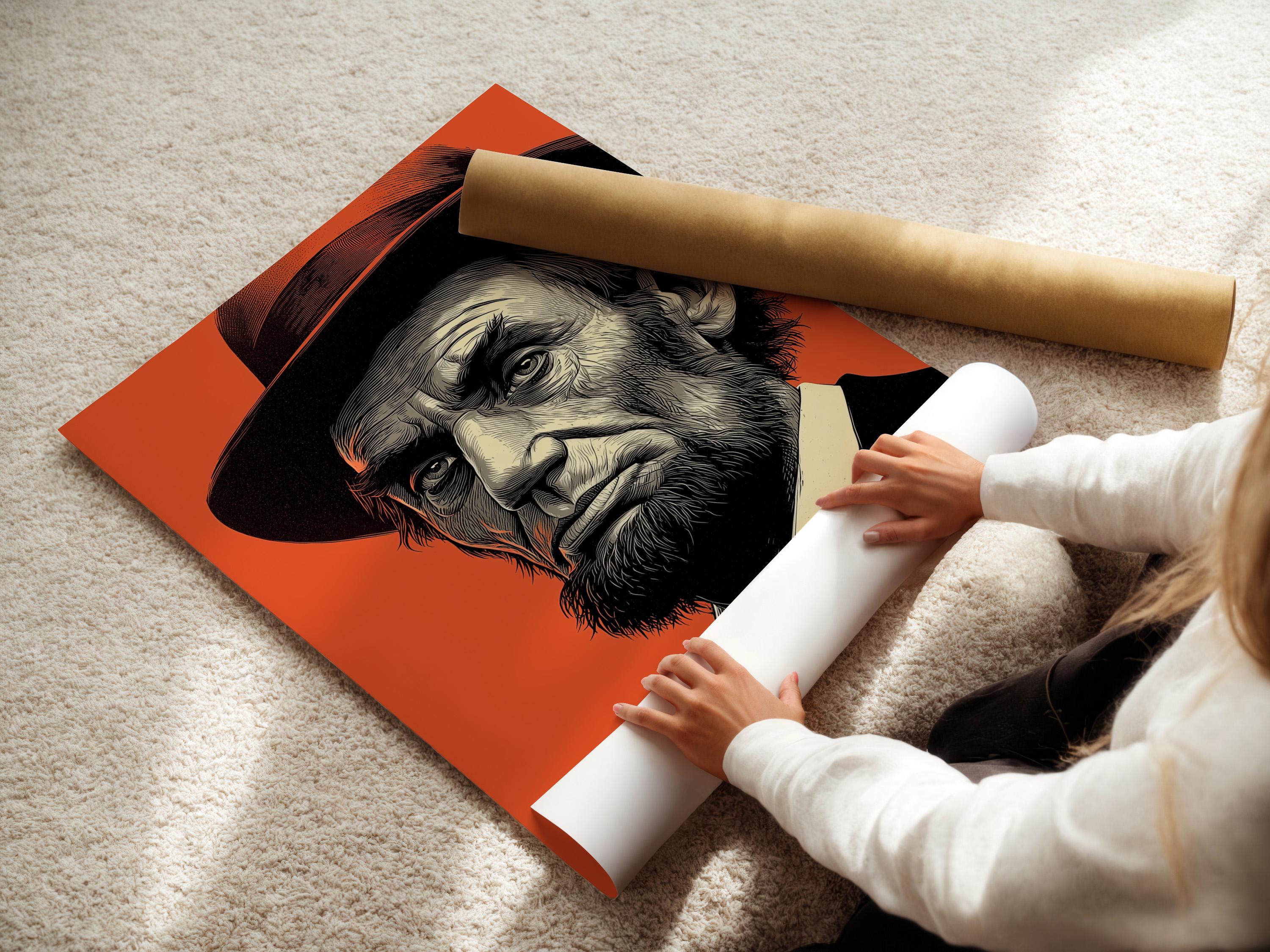 Mockup showing an orange and black engraved portrait artwork on a wall