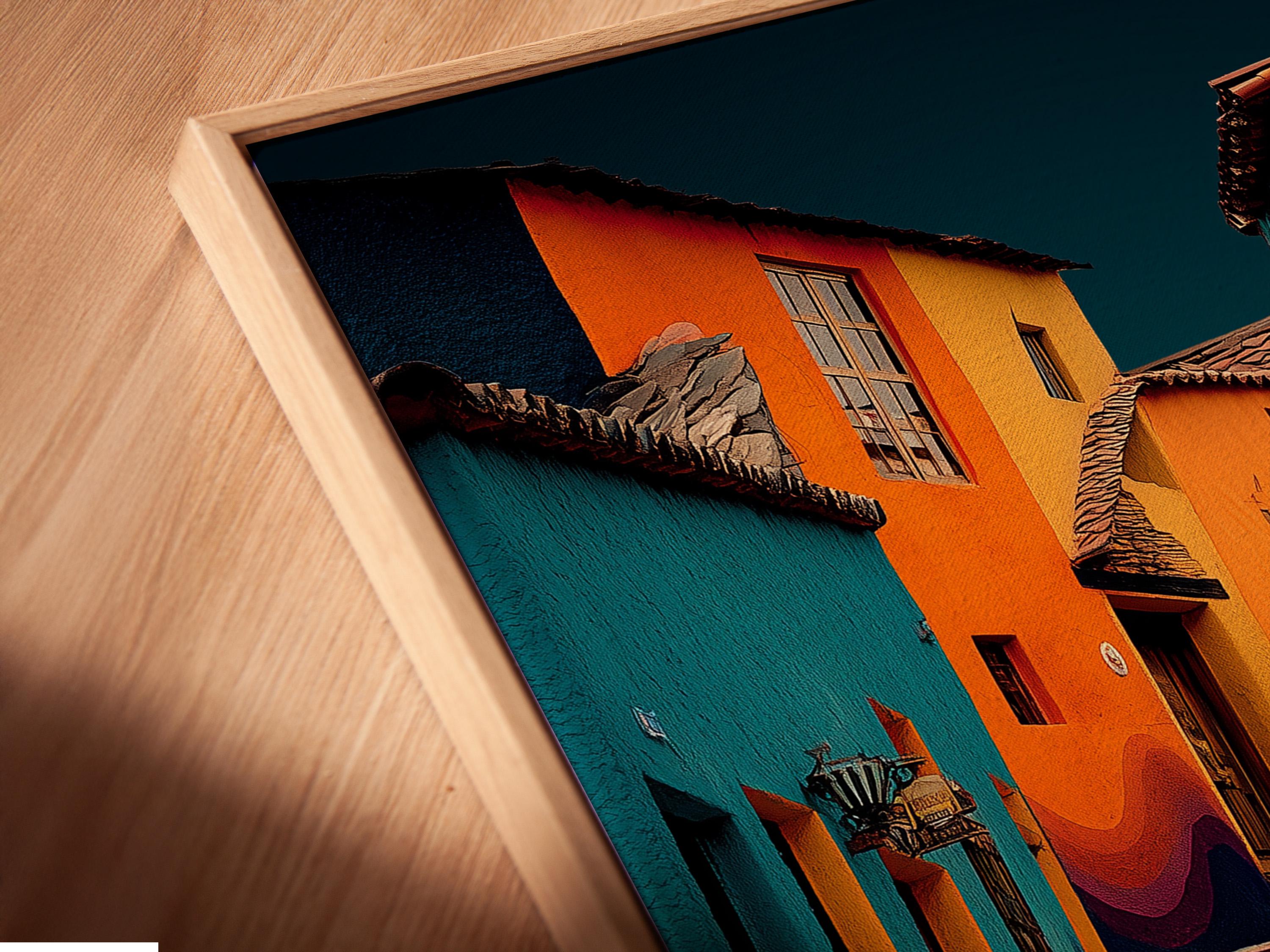 Colourful street steps artwork with teal, orange and deep blue buildings and a lone silhouette detail view