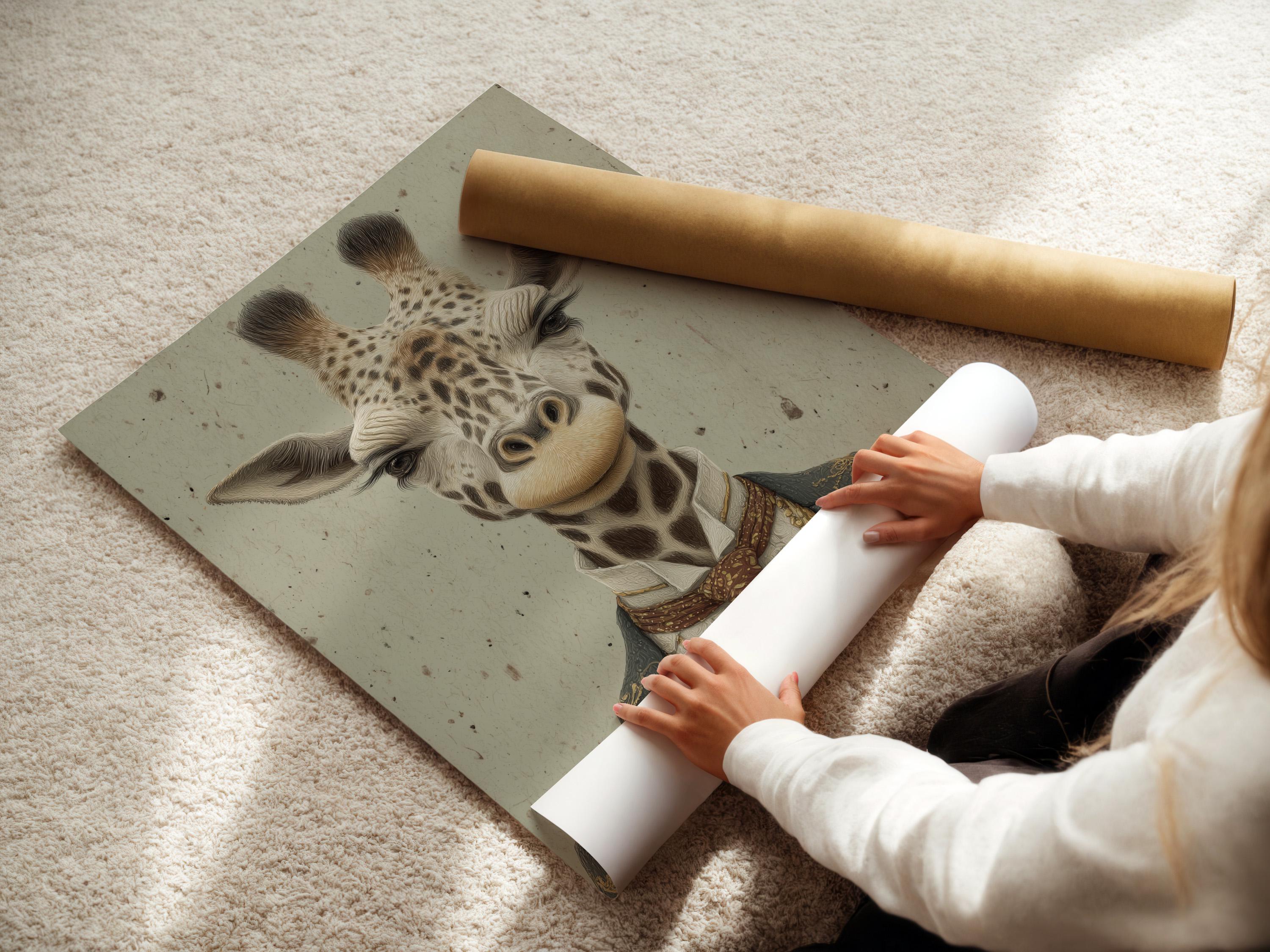 Vintage-style giraffe portrait wearing a formal suit, with antique gold and deep maroon details detail view