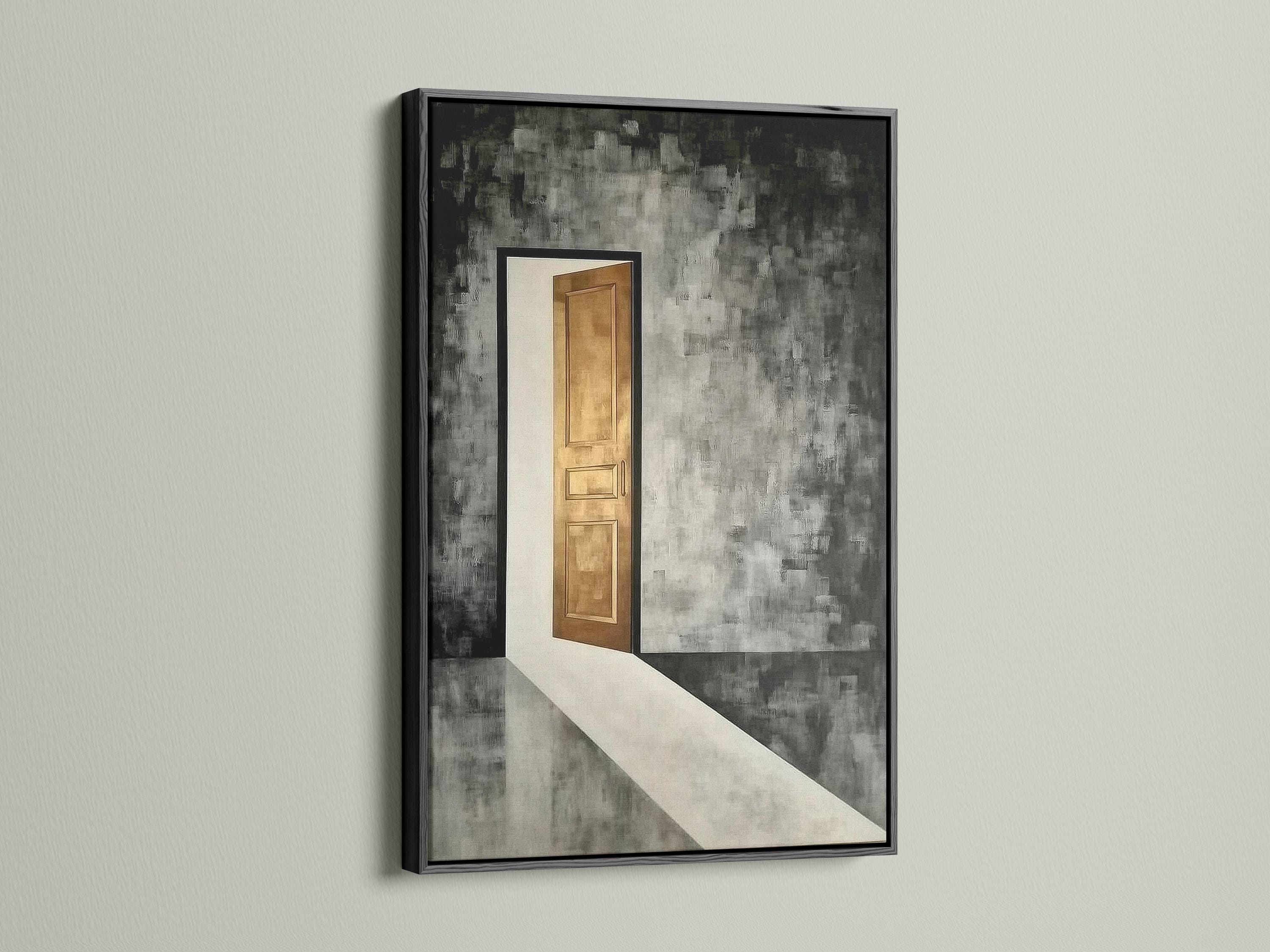 Abstract doorway with warm gold glow in a textured charcoal and grey corridor scene detail view