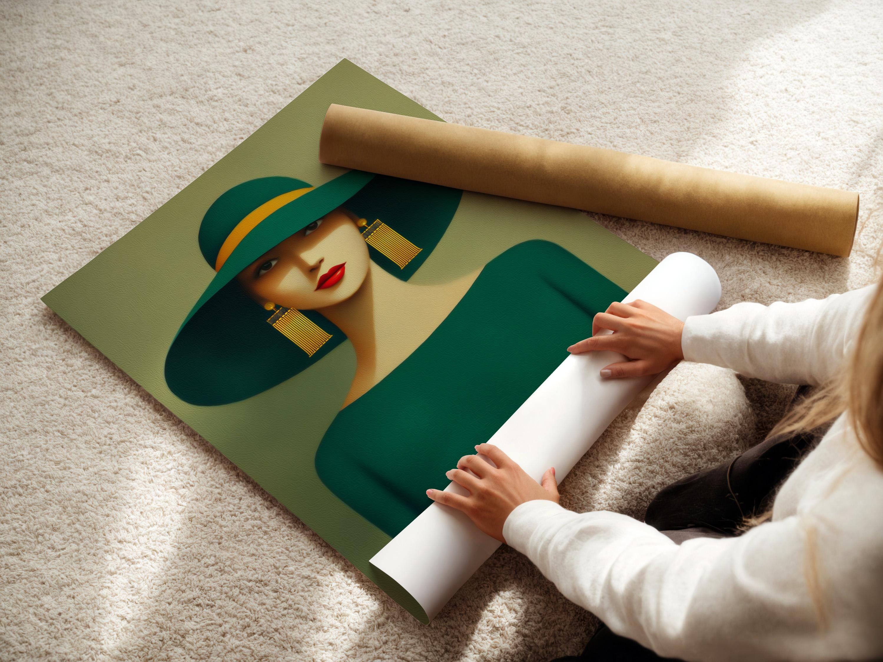 Mockup of a framed stylised woman portrait with a wide green hat and teal outfit