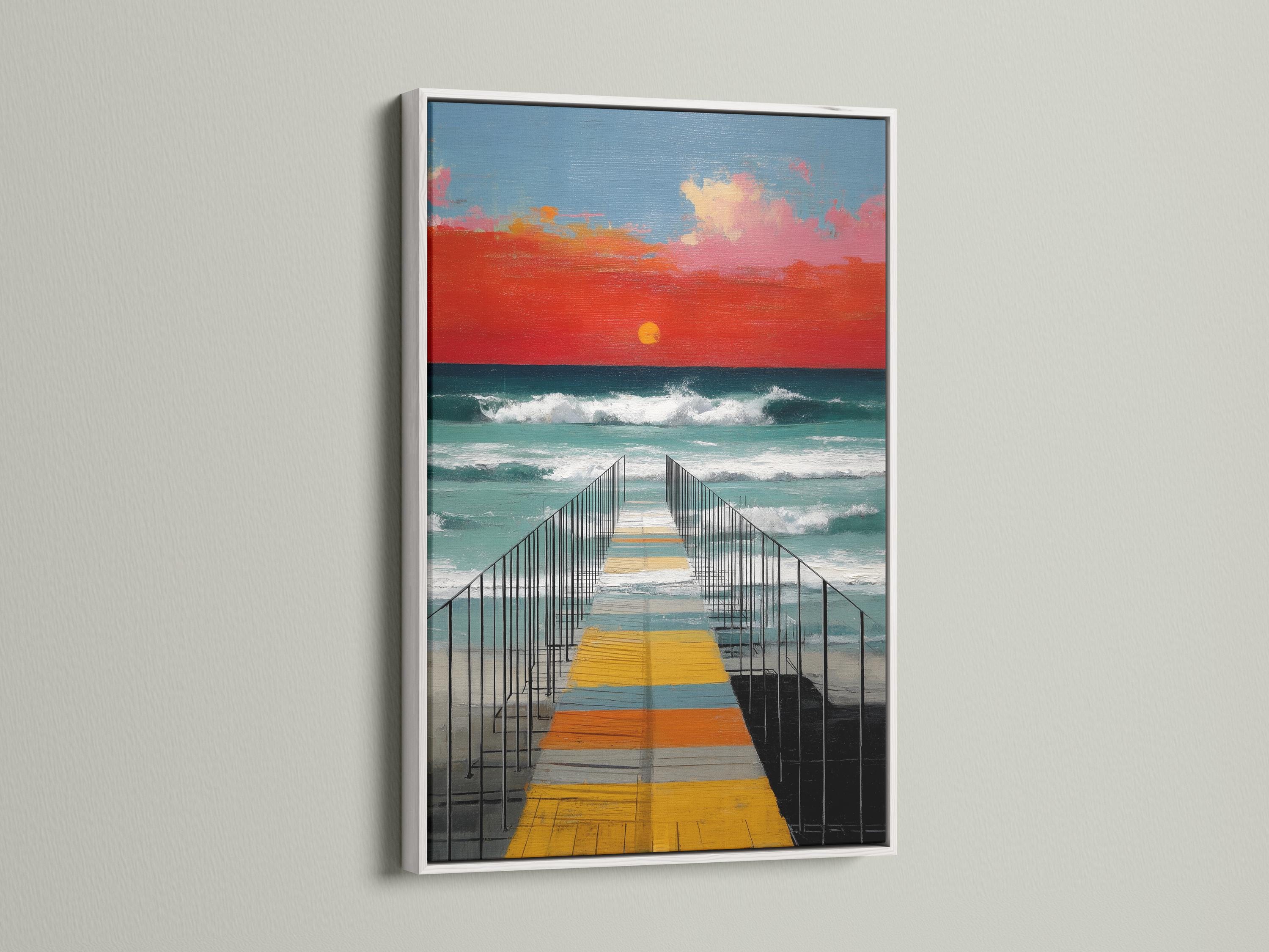 Sunset pier seascape wall art mockup on a light background with framed versions shown