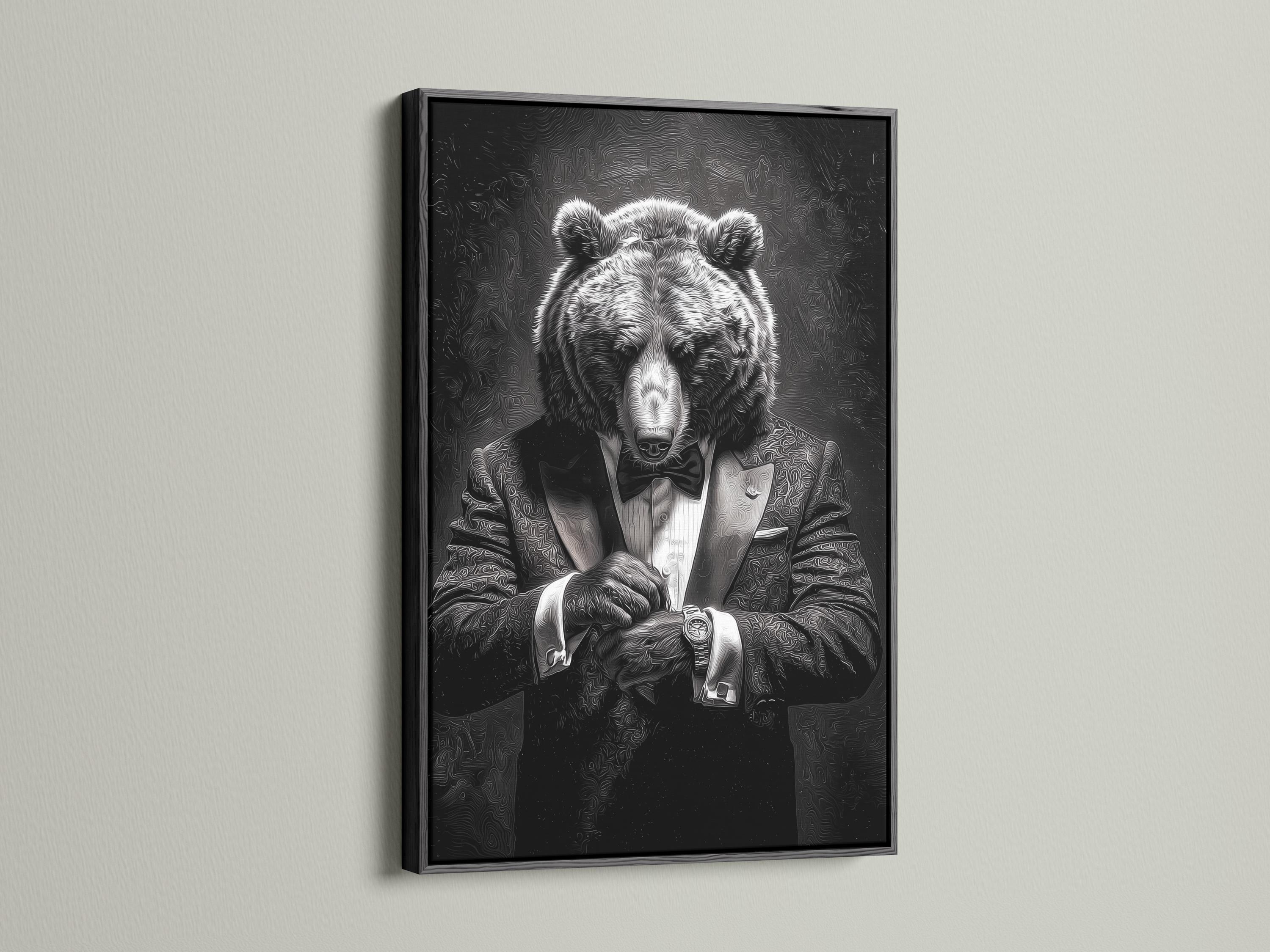 Bear portrait artwork shown in framed mockups with black, white and gold variations