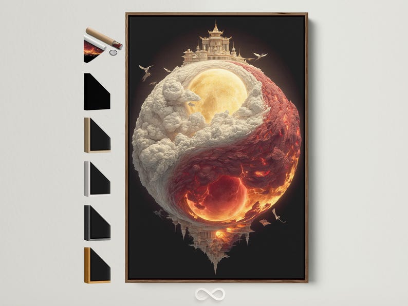 Yin–Yang inspired glowing sphere with cloud textures, fire colours, temple silhouettes and small flying birds