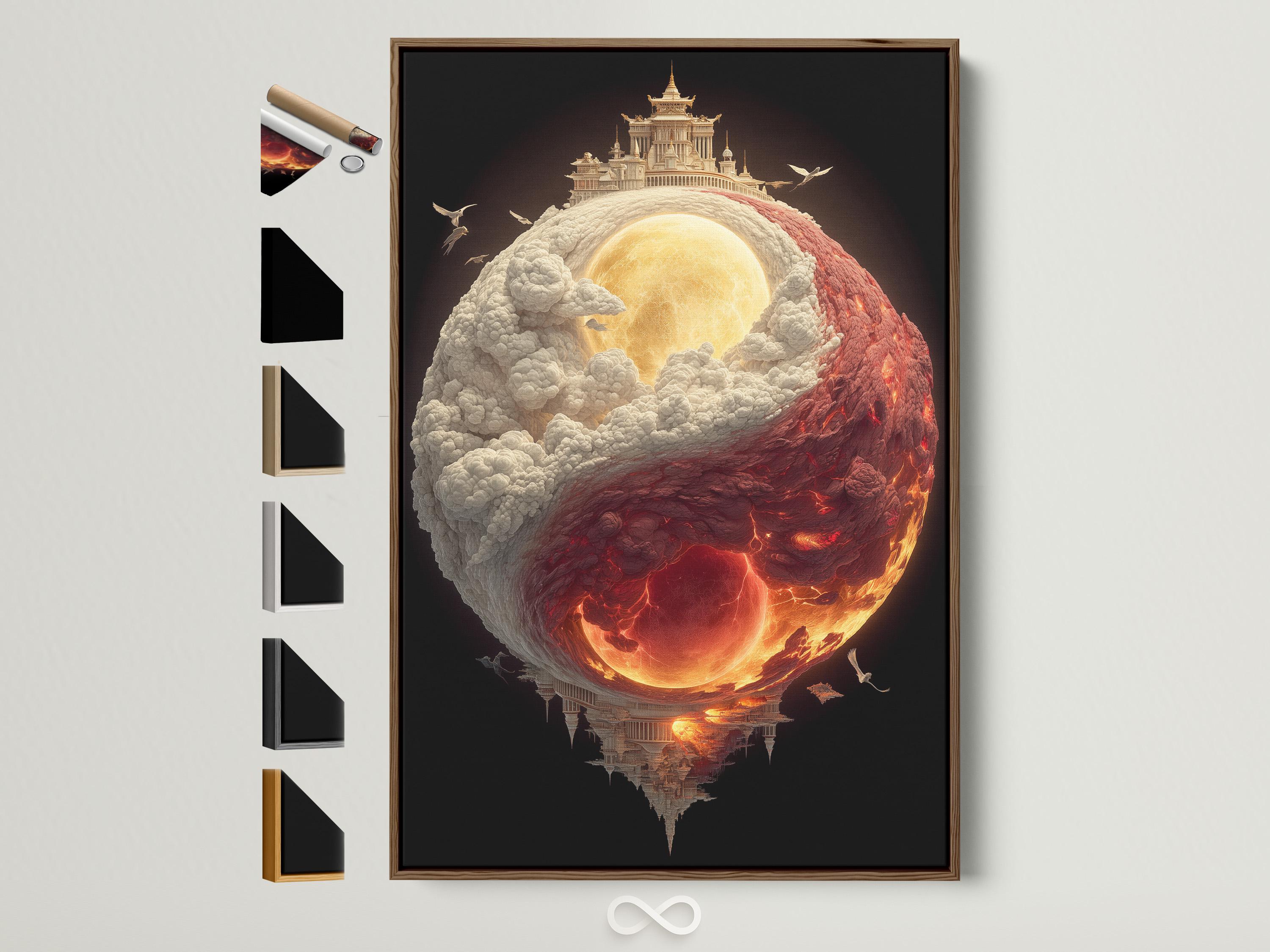 Yin–Yang inspired glowing sphere with cloud textures, fire colours, temple silhouettes and small flying birds
