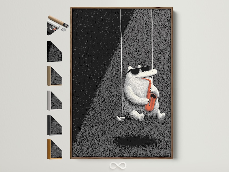 Black and white illustration of a cat holding and playing a saxophone with orange accents