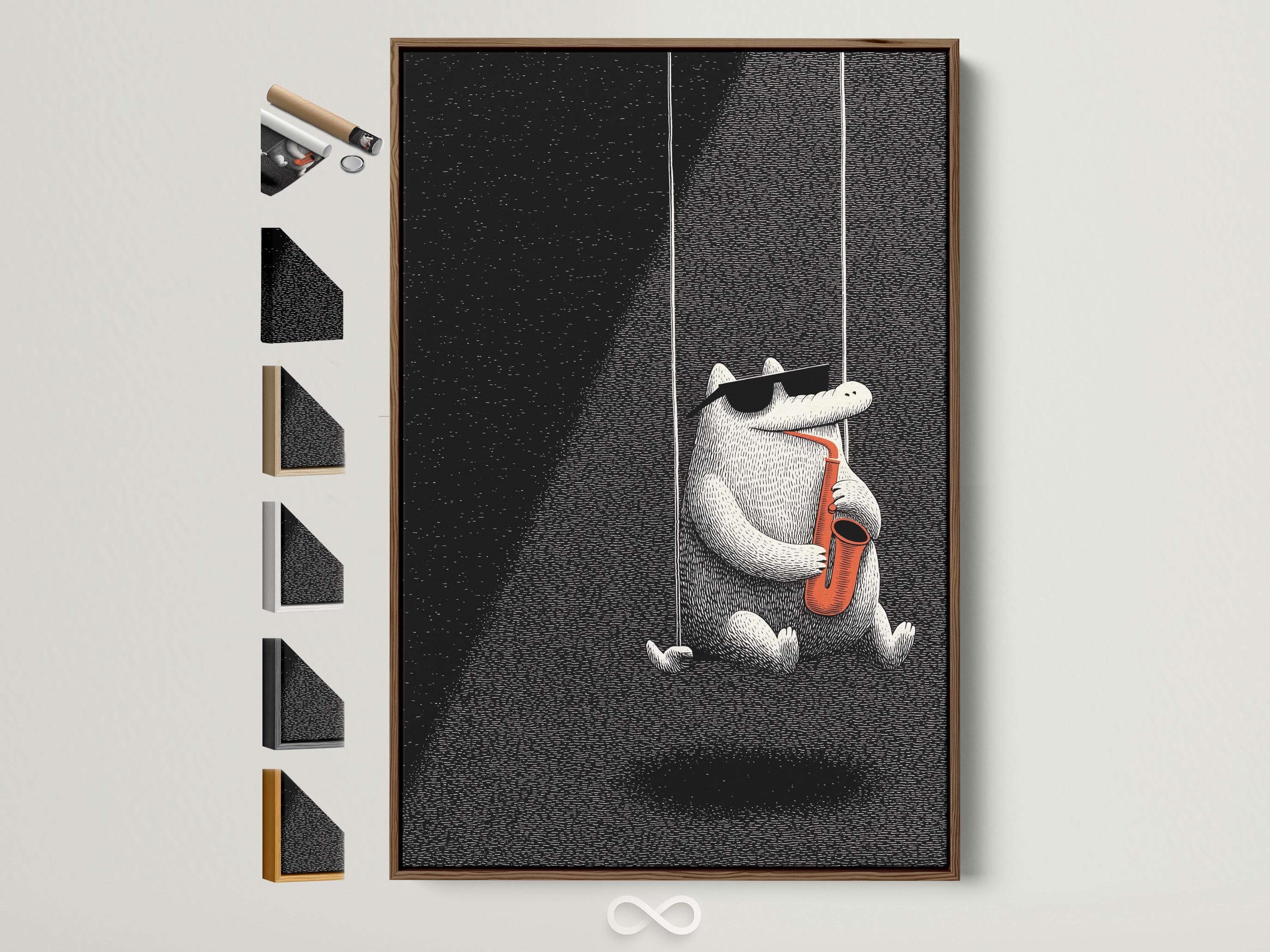 Black and white illustration of a cat holding and playing a saxophone with orange accents