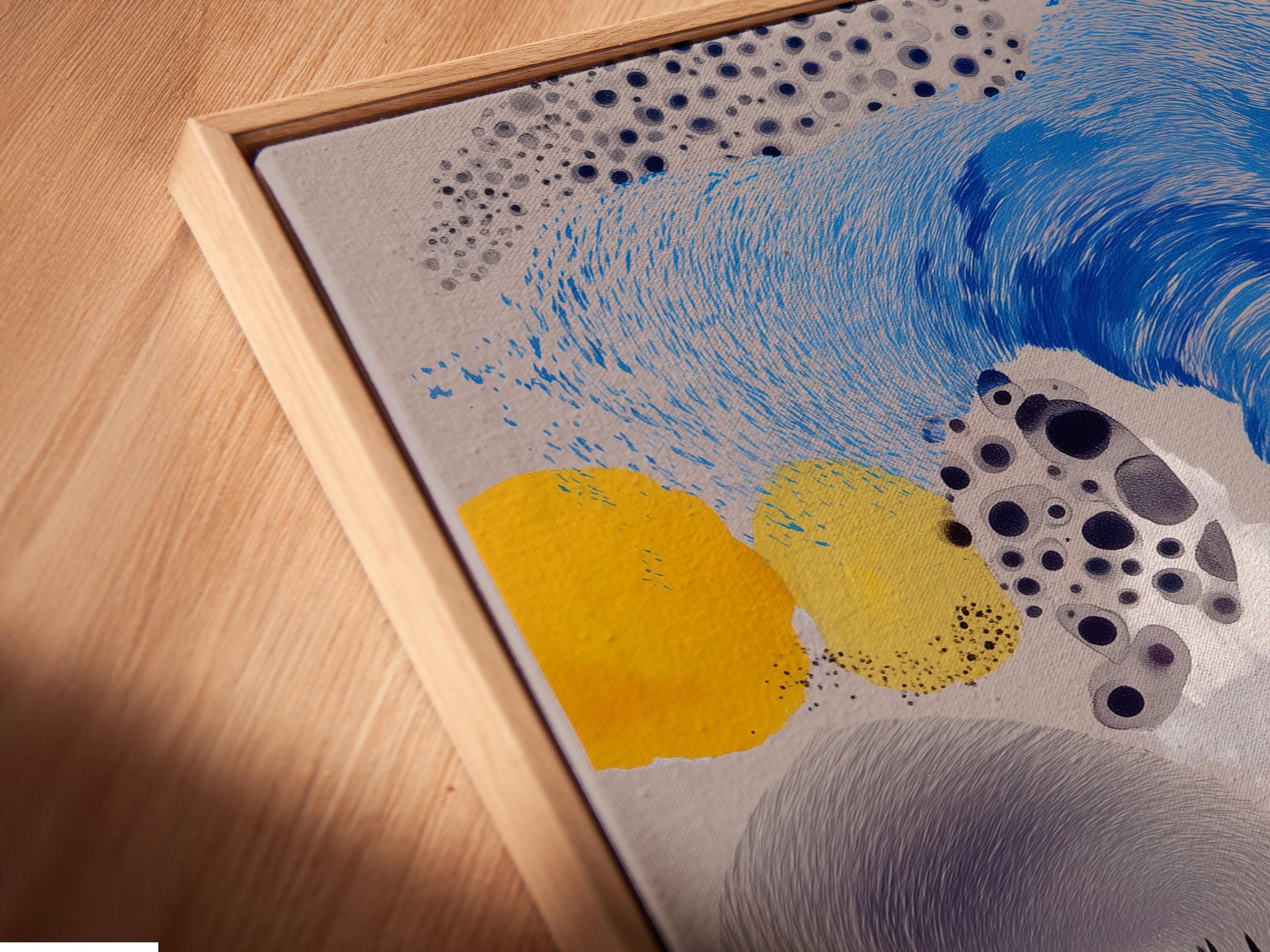 Room mockup featuring a framed stylised village landscape artwork with a swirling blue sky
