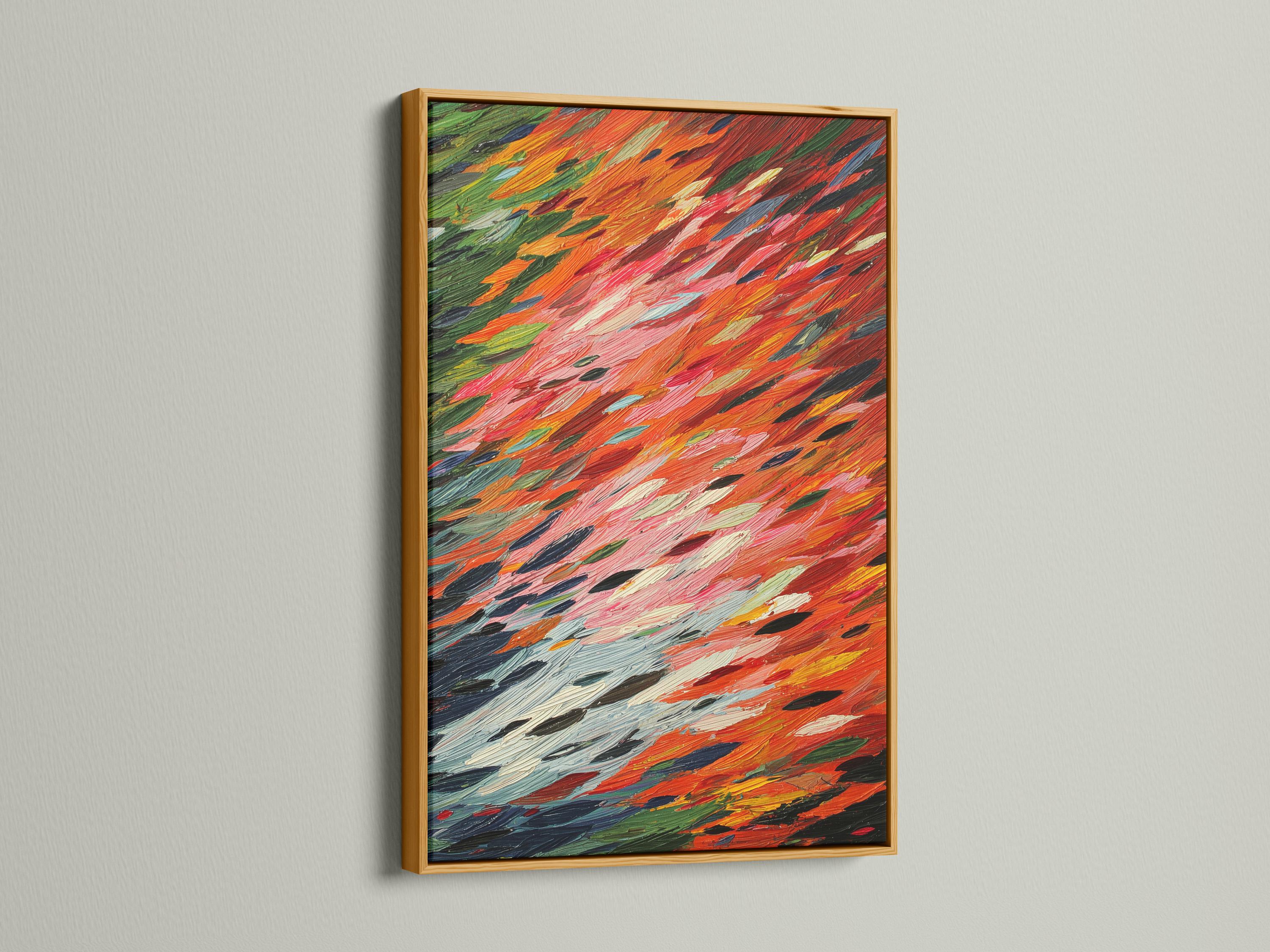 Abstract painting with orange-red, pink, green and dark navy brushstrokes in diagonal layers detail view