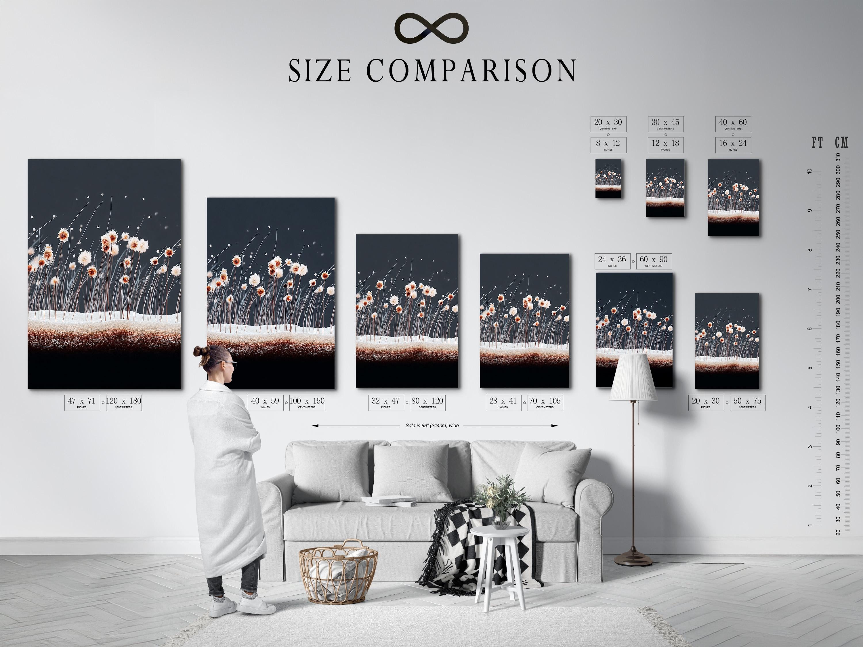 Room mockup showing a framed botanical dandelion-like blossom artwork