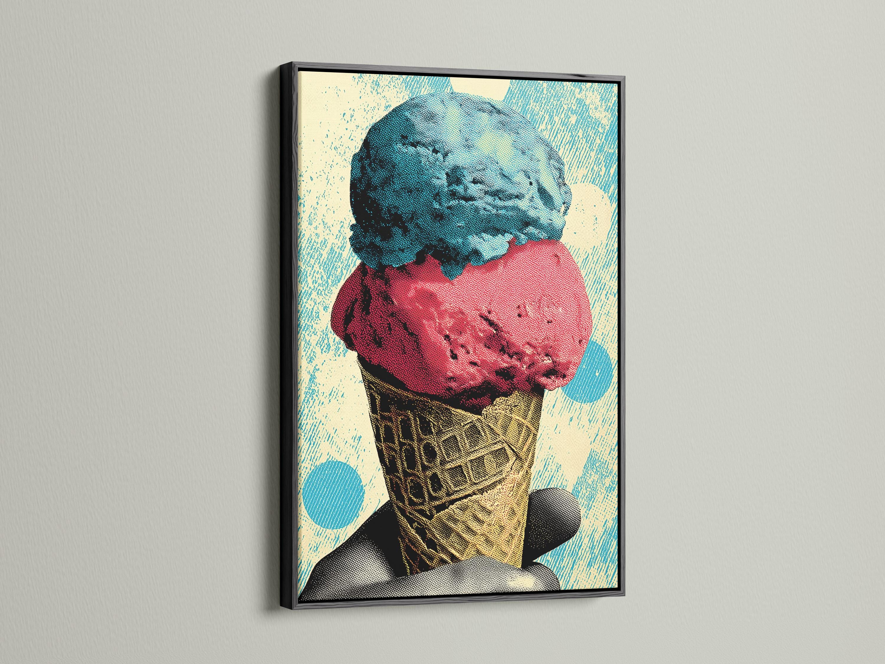 Pop-art ice cream cone illustration with turquoise and coral scoops and a patterned cone detail view