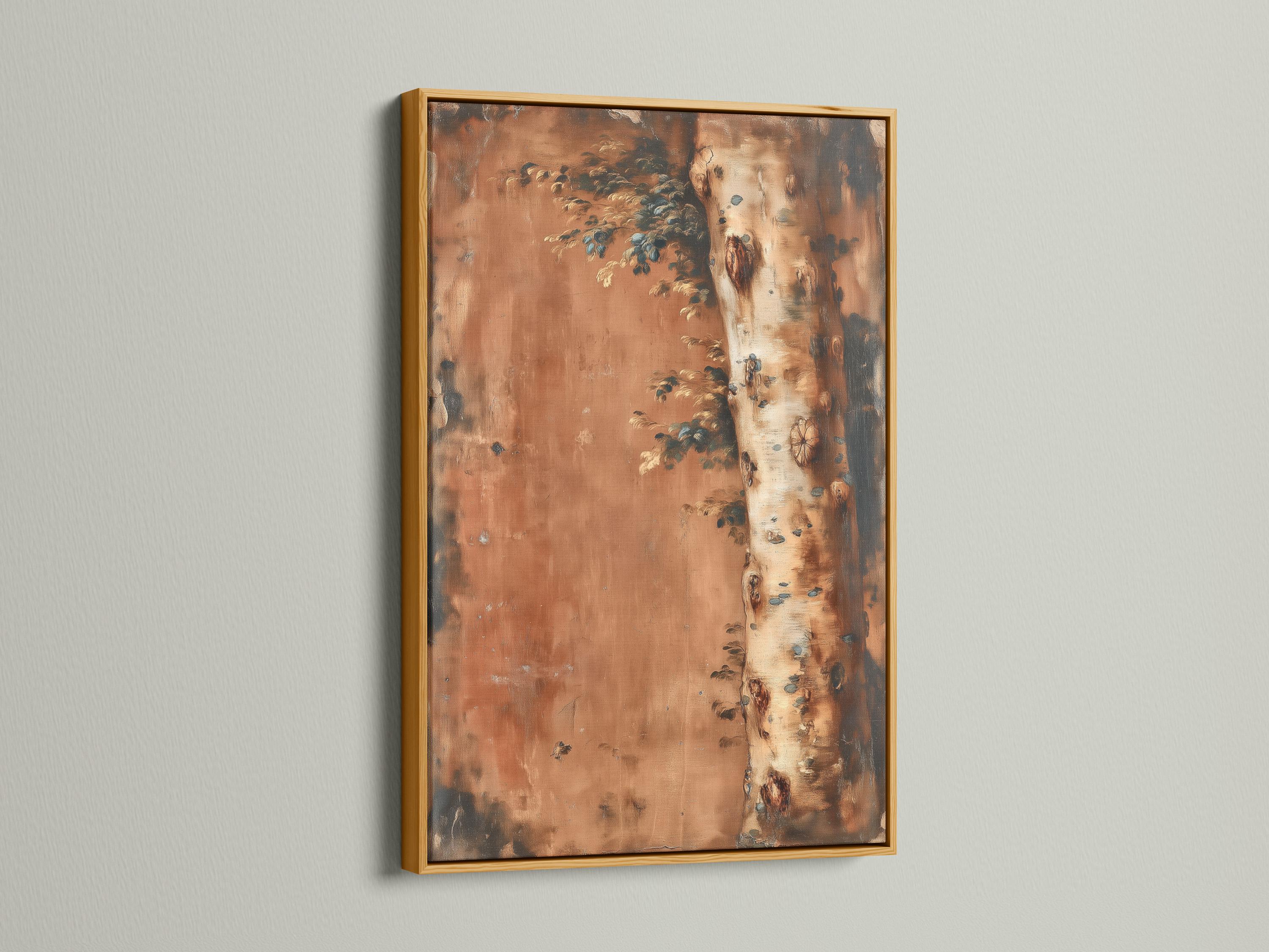 Textured tree landscape painting with a birch-like trunk on the right and leafy branches extending left detail view