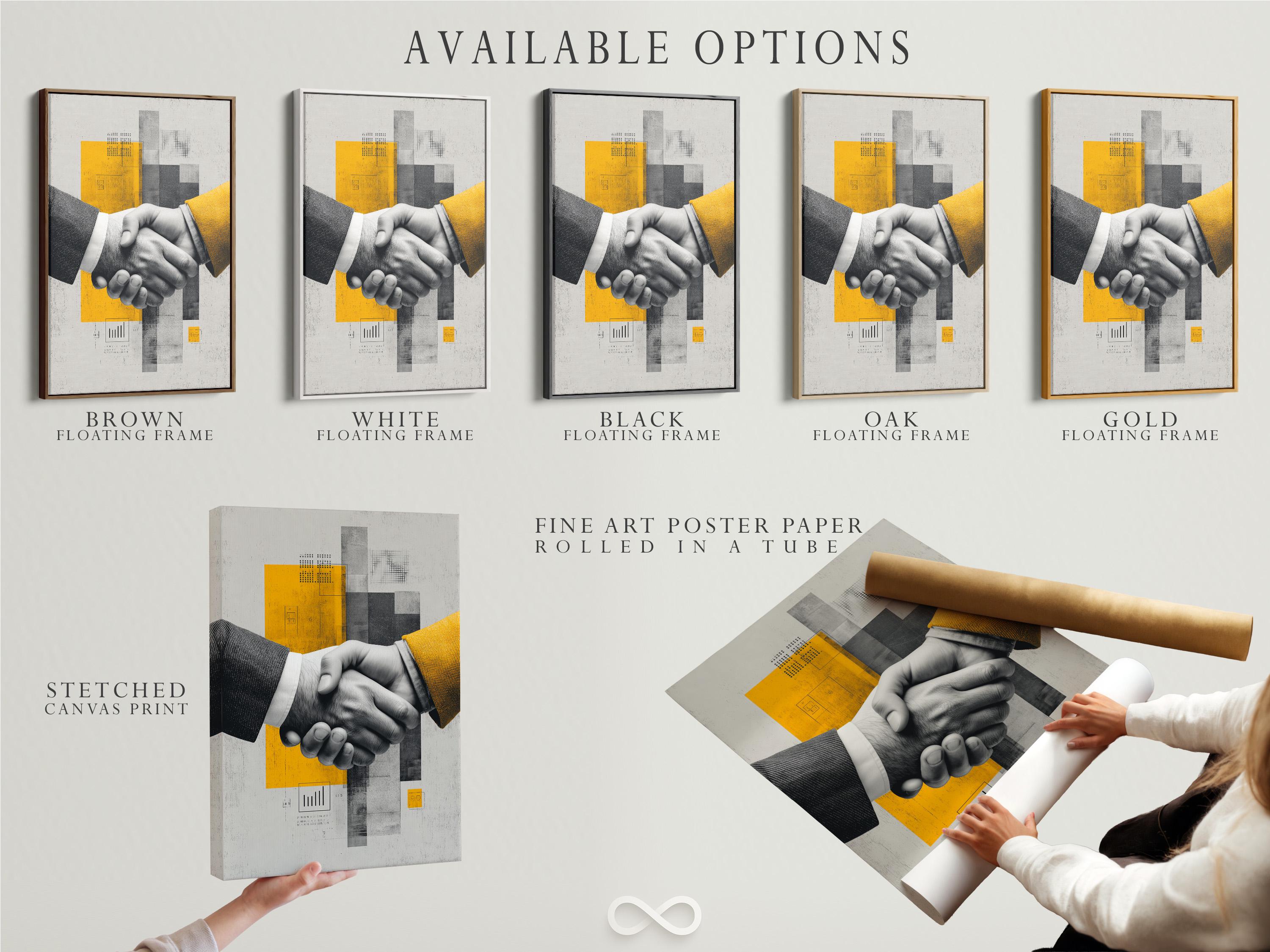 Black-and-white handshake centred in a geometric grey and yellow abstract design detail view