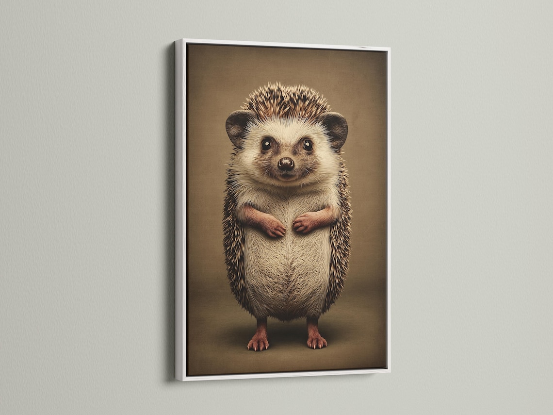 A beady-eyed hedgehog illustration sits centred on a warm brown background, with cream and darker brown fur texture and subtle red-brown paw accents