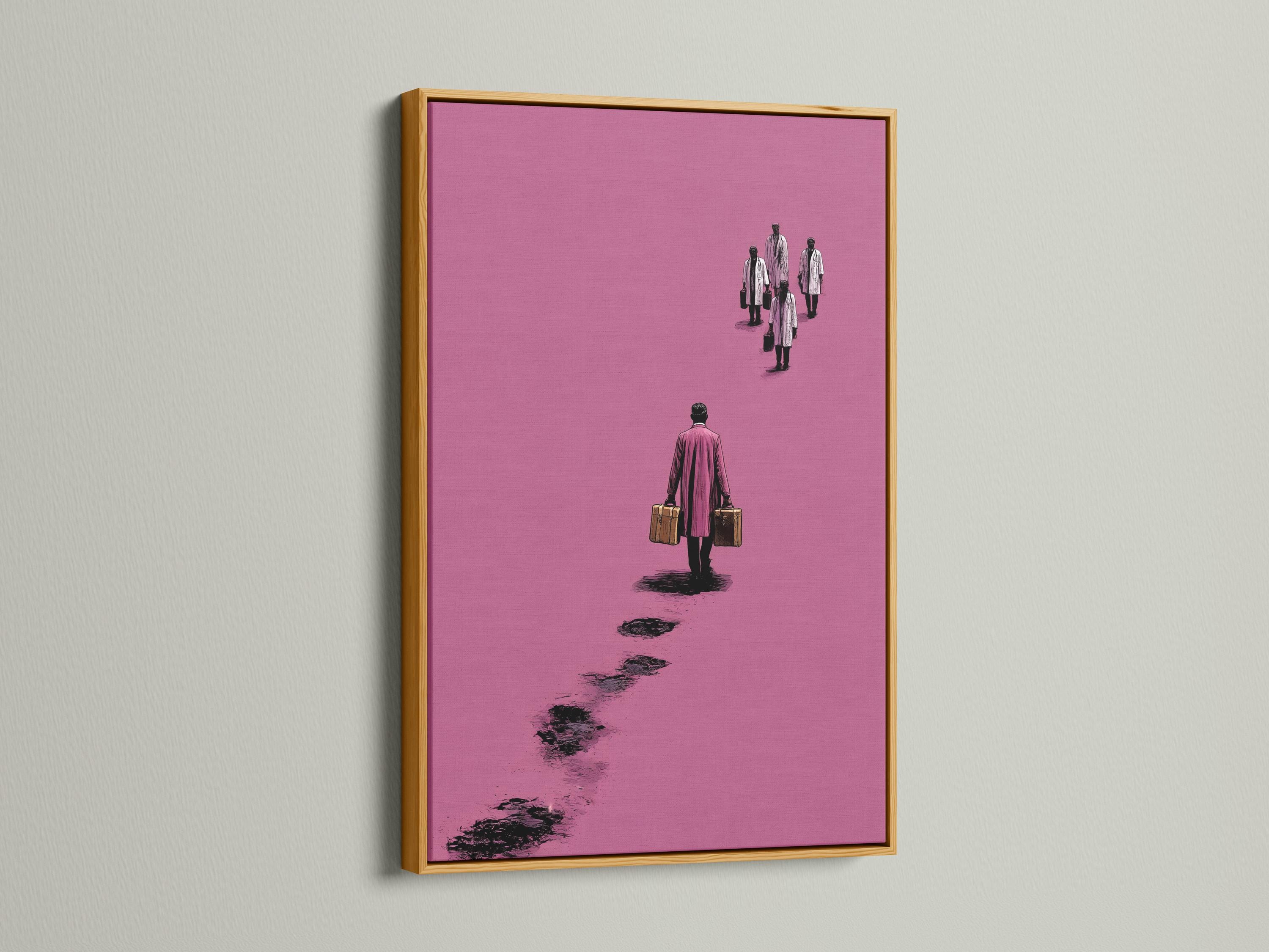 Mockup showing a framed pink minimalist traveller figure artwork on a light background