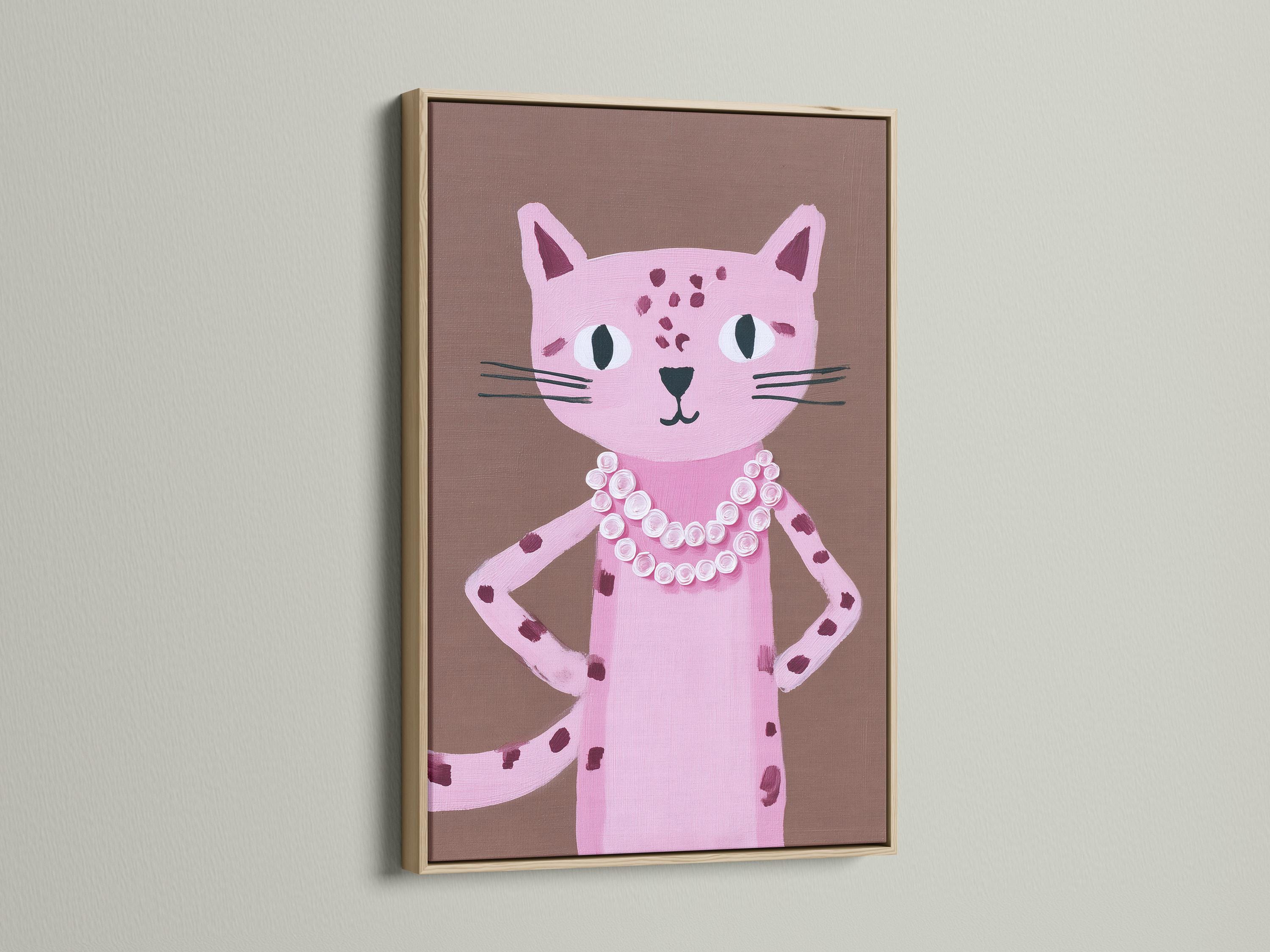 Portrait of a pink cat with large eyes and a white and pink rosette collar on a taupe background detail view