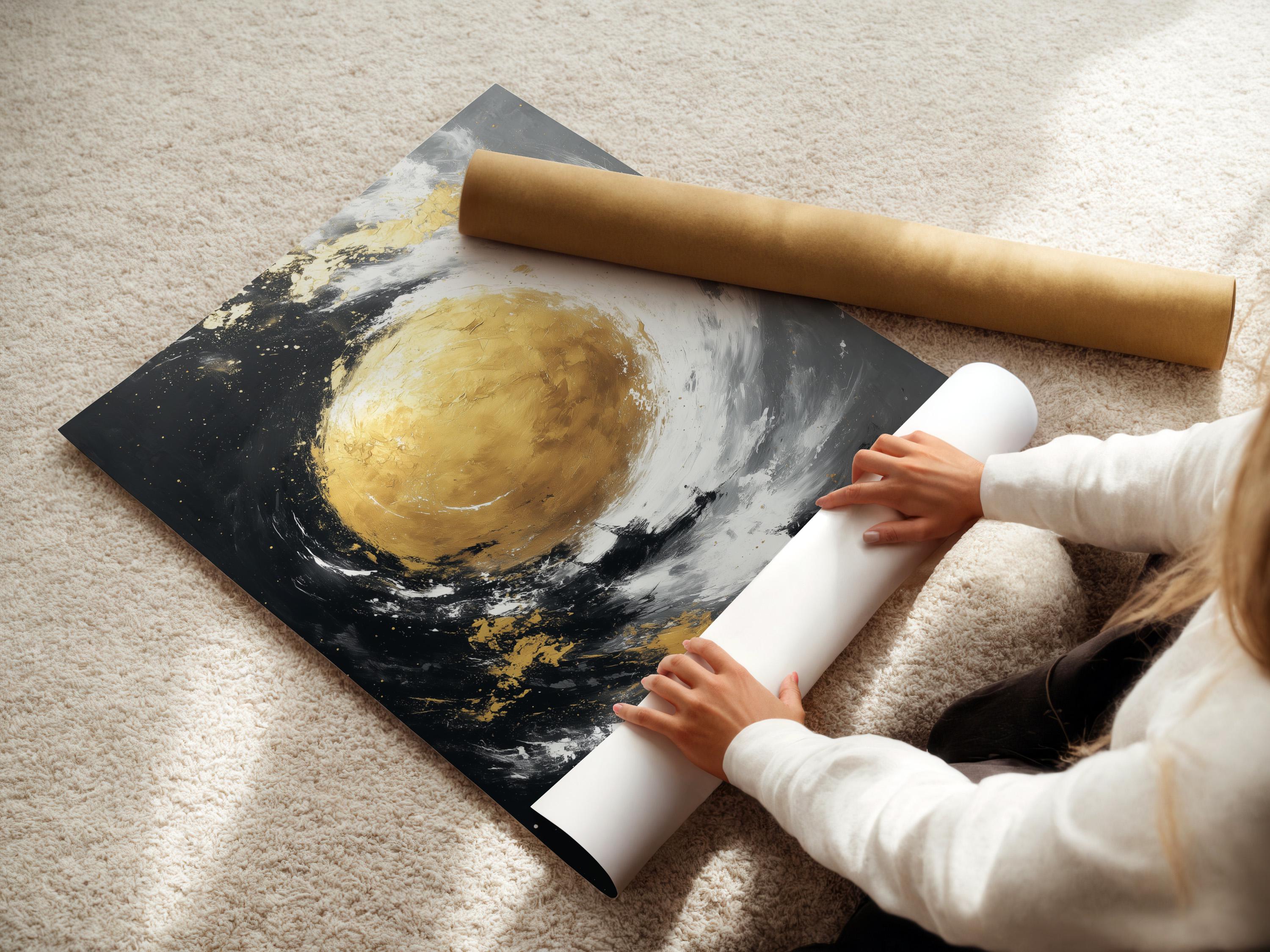 Abstract gold circle with white swirling arcs on a dark charcoal background detail view