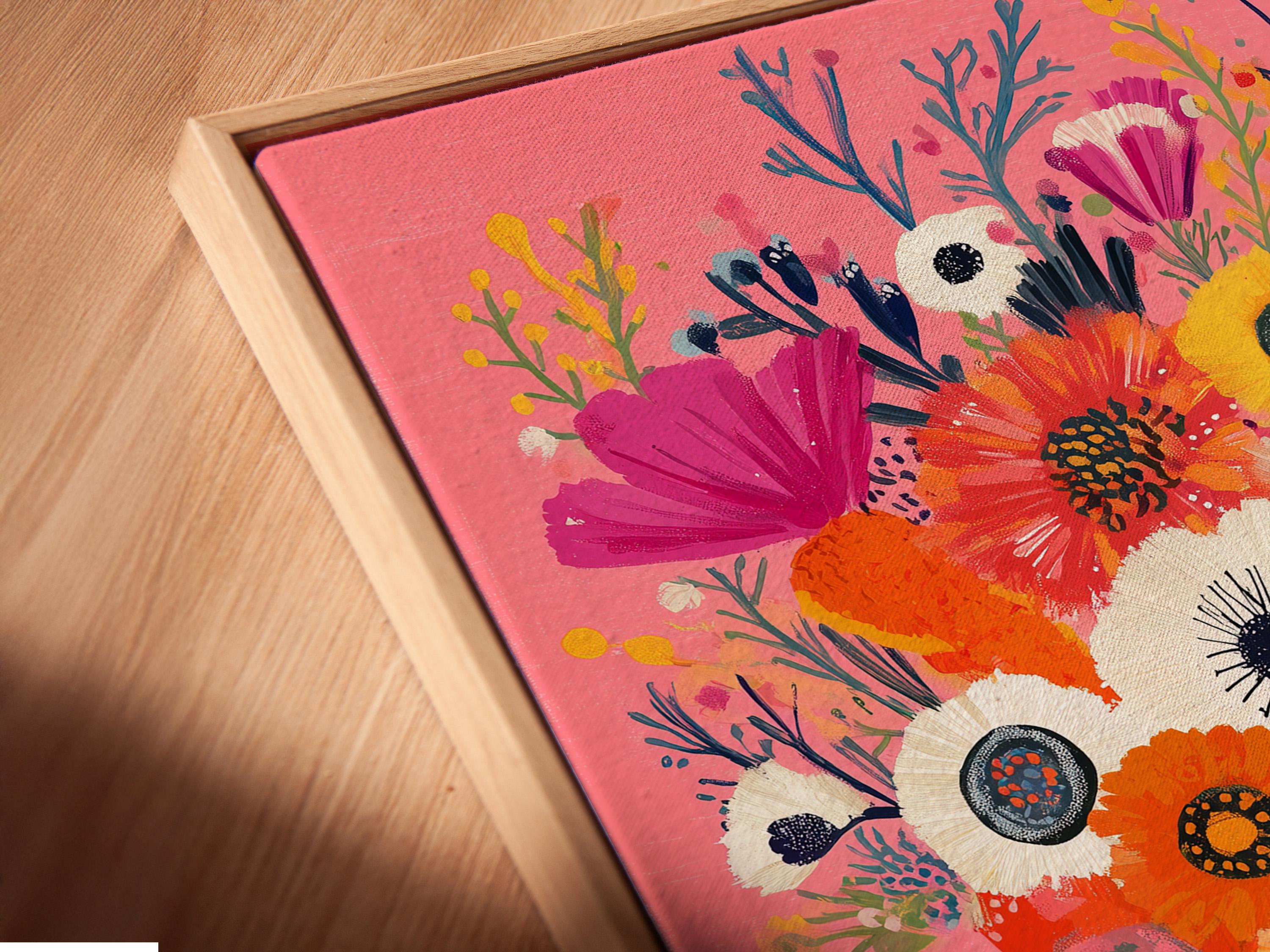 Floral bouquet painting with flowers in a blue vase on a pink background detail view