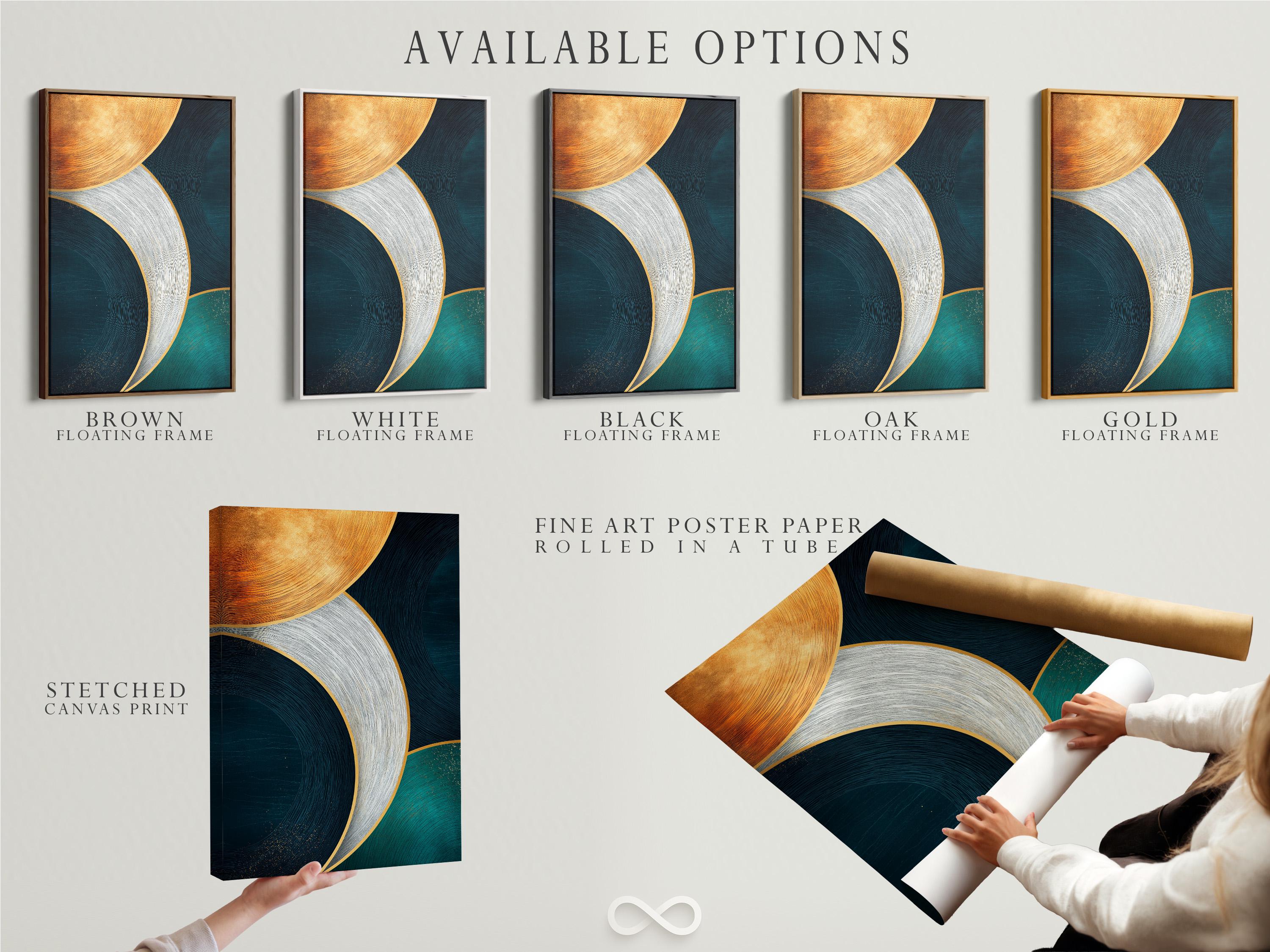 Abstract geometric artwork with teal and navy curved circles and gold outlines detail view