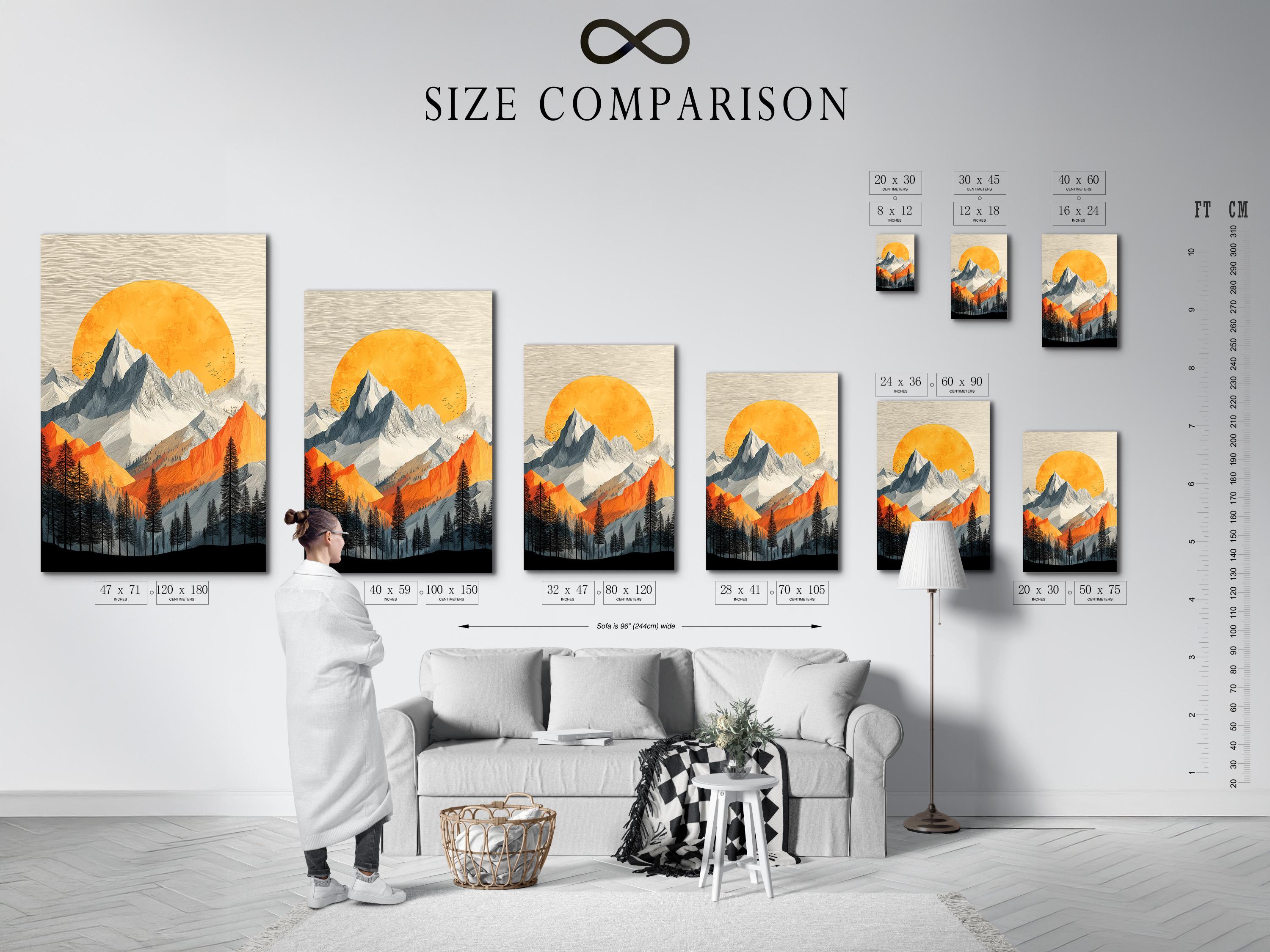 Stylised alpine mountain landscape with a large orange sun and pine tree silhouettes detail view