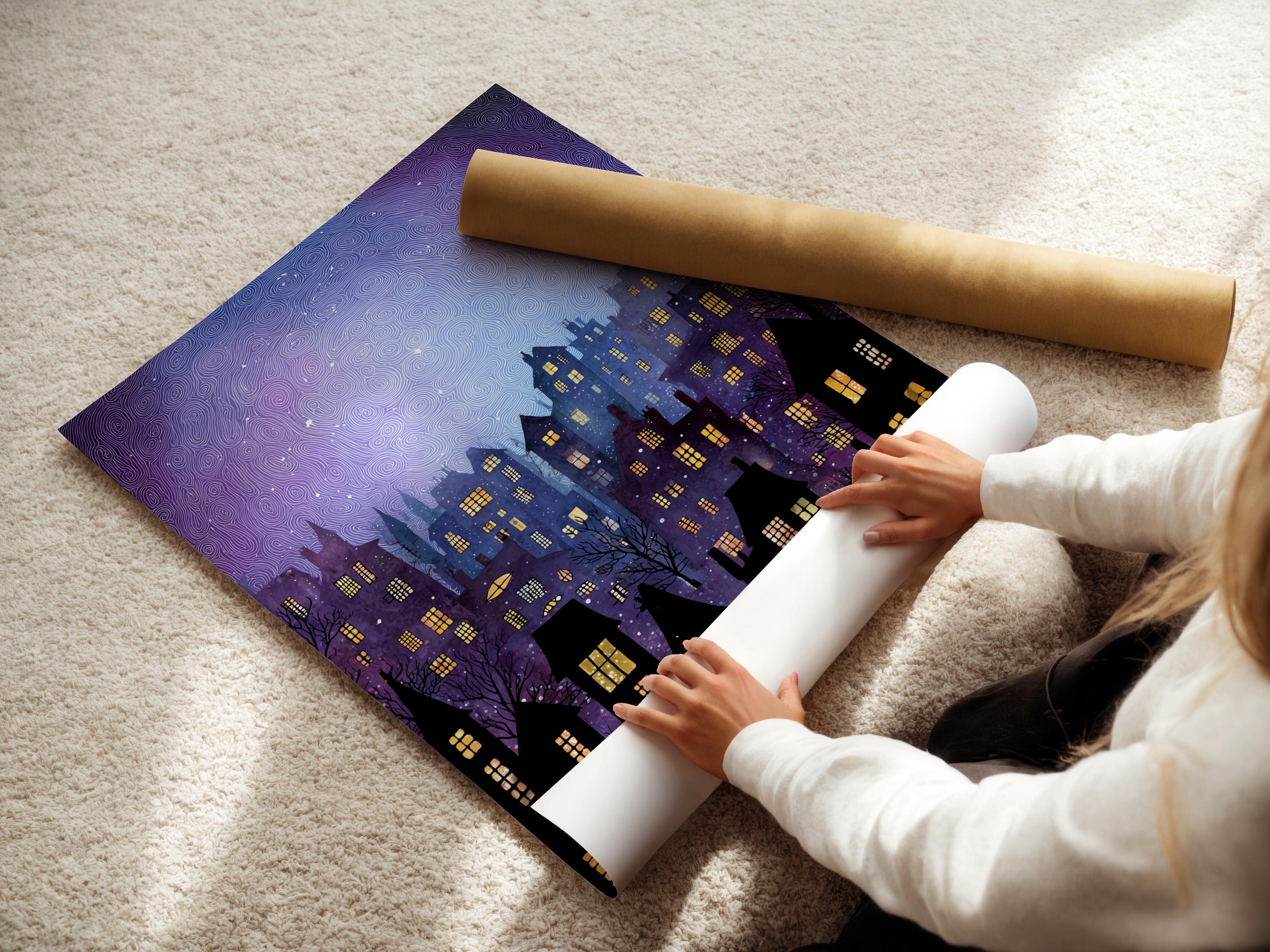 Night cityscape with purple sky, moon glow, black buildings and glowing yellow windows detail view
