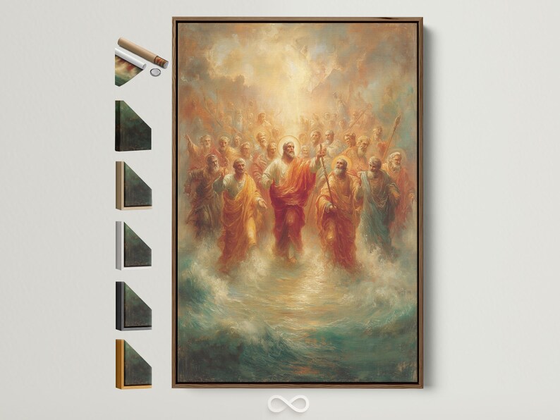 Portrait religious painting showing a radiant golden light above a crowd of robed apostles