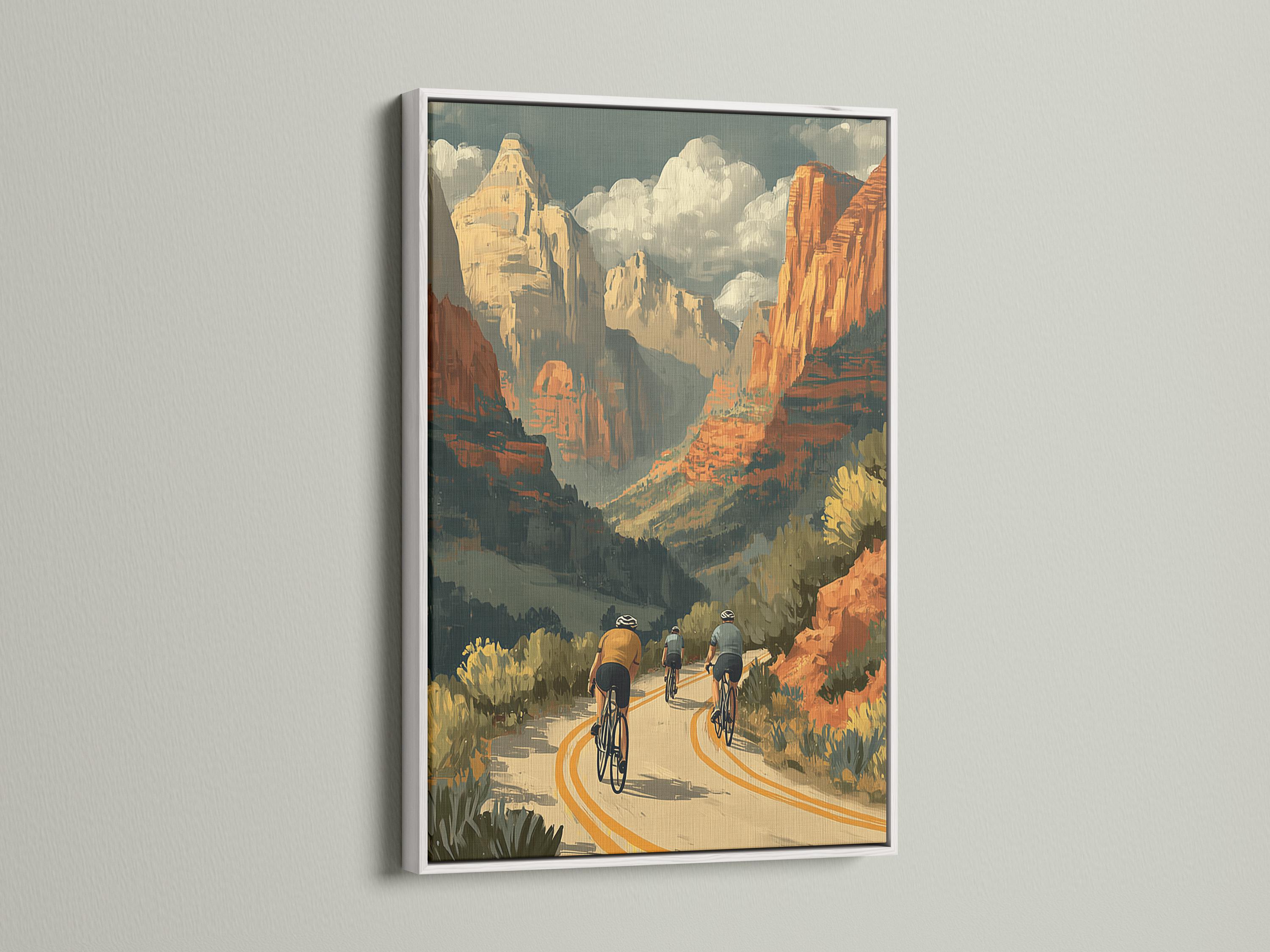 Retro desert canyon cycling scene with three cyclists on a winding road detail view