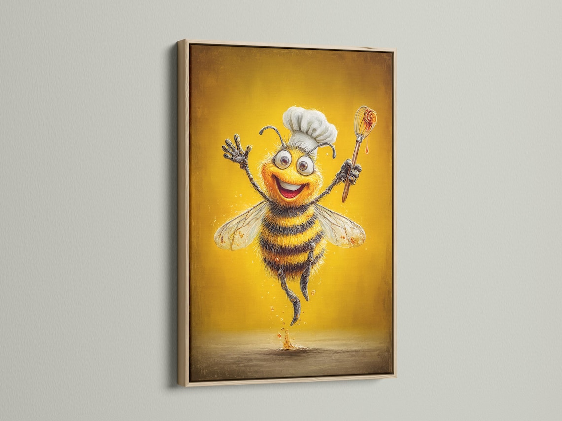 Smiling cartoon bee chef holding a whisk on a warm golden background detail view
