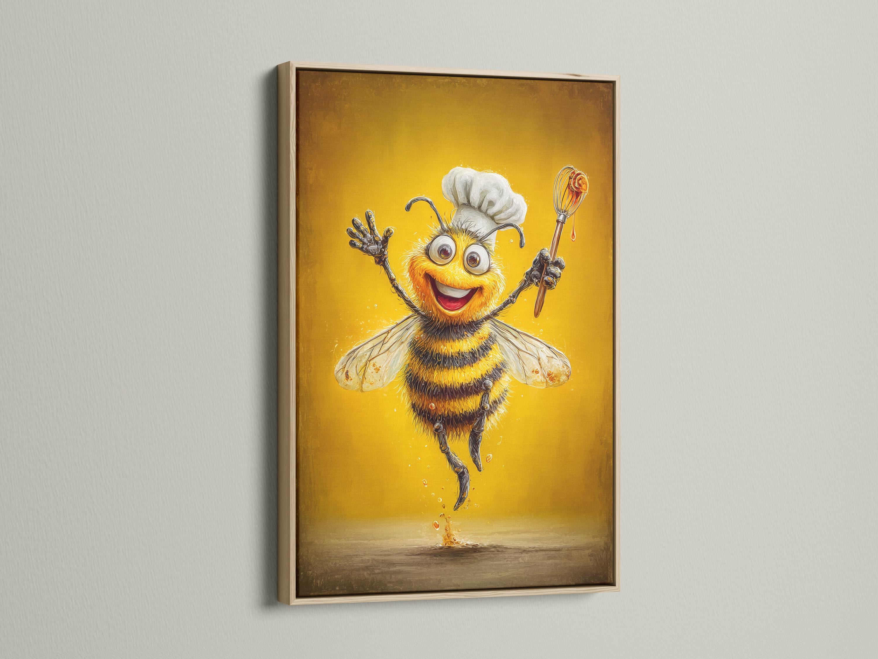 Smiling cartoon bee chef holding a whisk on a warm golden background detail view