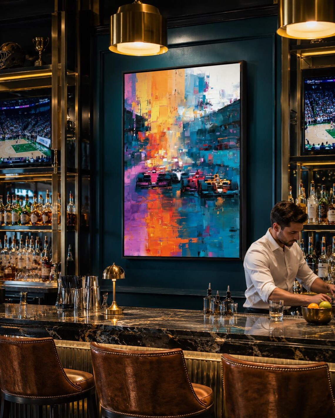 Room mockup with a large framed abstract cityscape artwork above a seating area