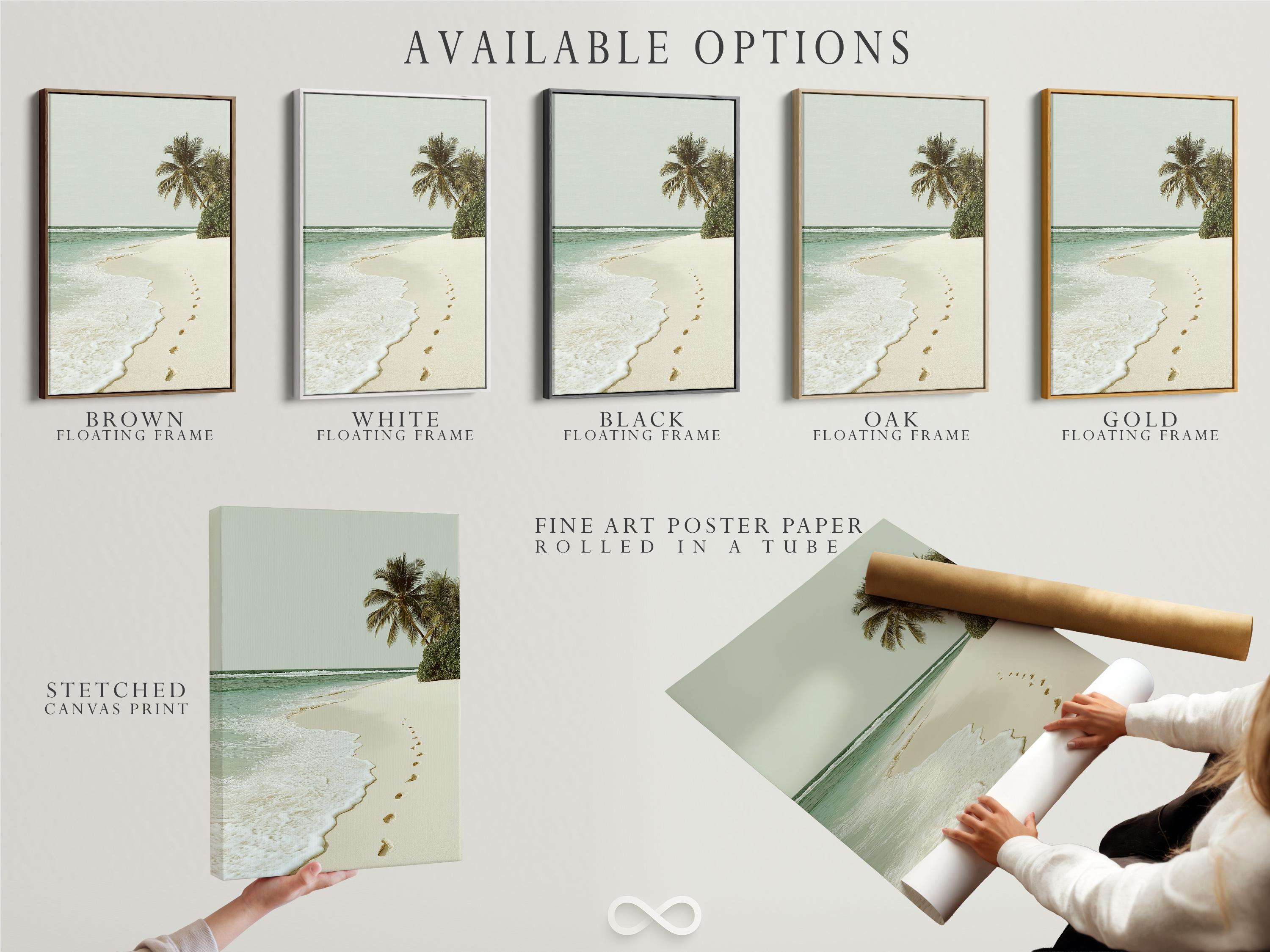 Palm beach seascape with turquoise ocean, sandy shore and footprints leading along the beach detail view