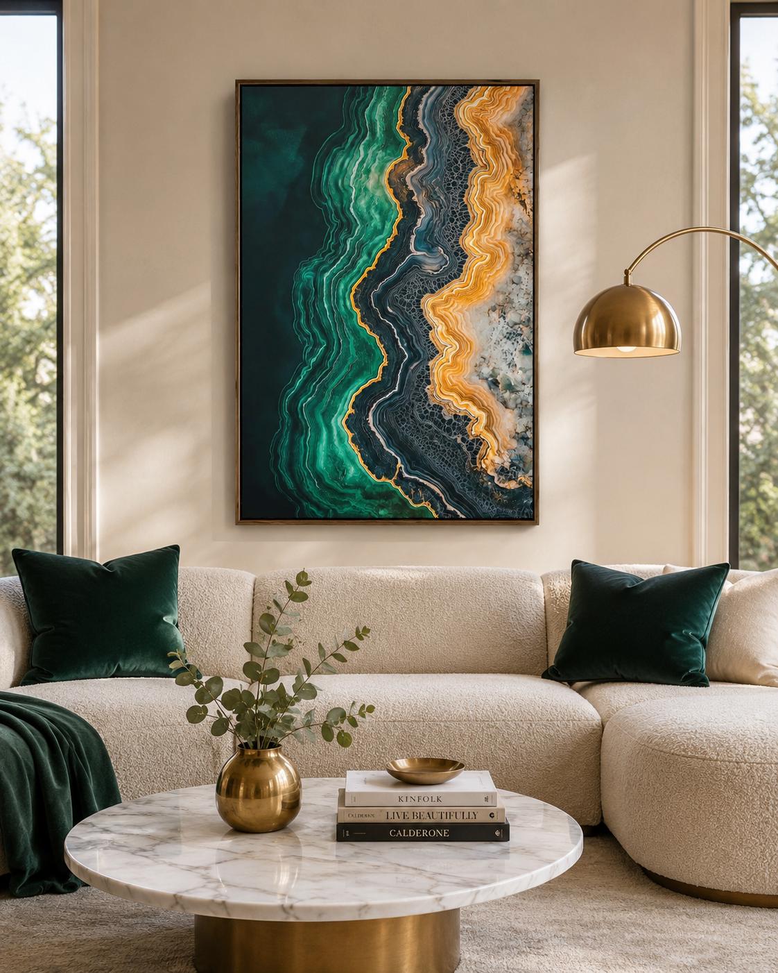 Office room mockup featuring a teal and gold abstract agate-style artwork on a wall