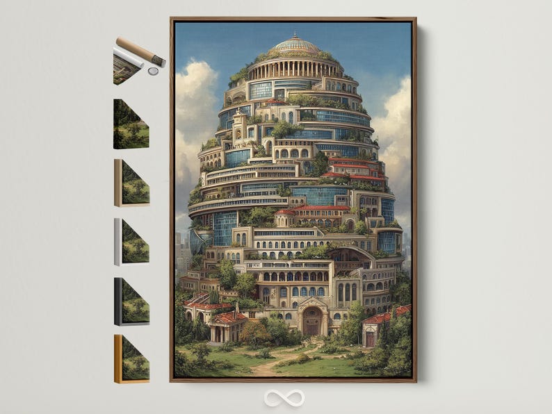 Surreal domed tower building with arches, terraces, greenery and a blue cloudy sky