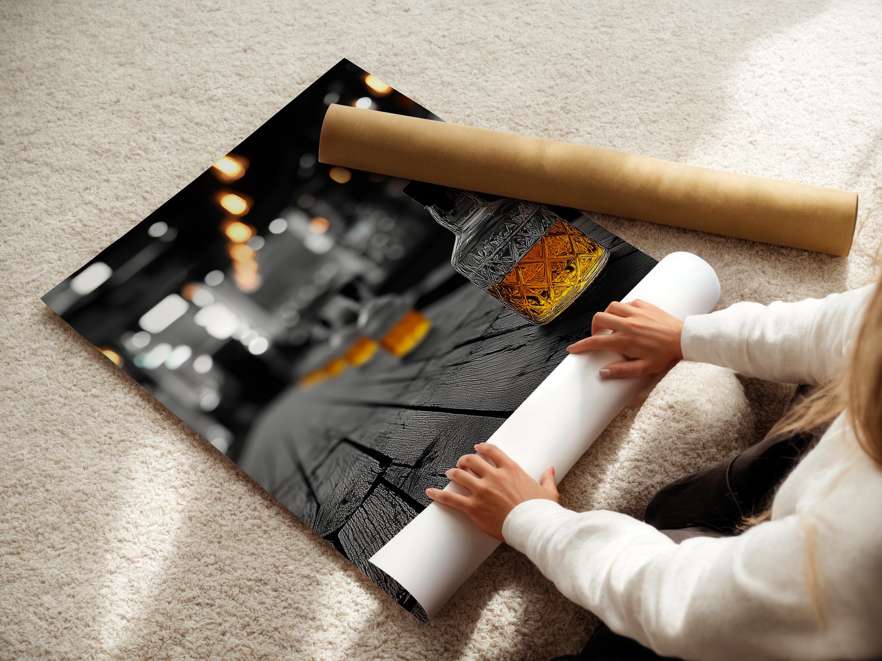 Room mockup showing a wall with framed artwork of a pub scene bottle with amber light accents