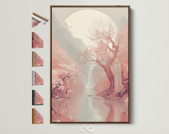 Cherry Blossom Landscape Art - Japanese Moon Wall Art, Sakura Tree Canvas Print for Bedroom Zen Decor