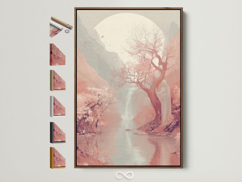 Framed moonlit landscape artwork with a blossom tree, misty mountains and reflective water