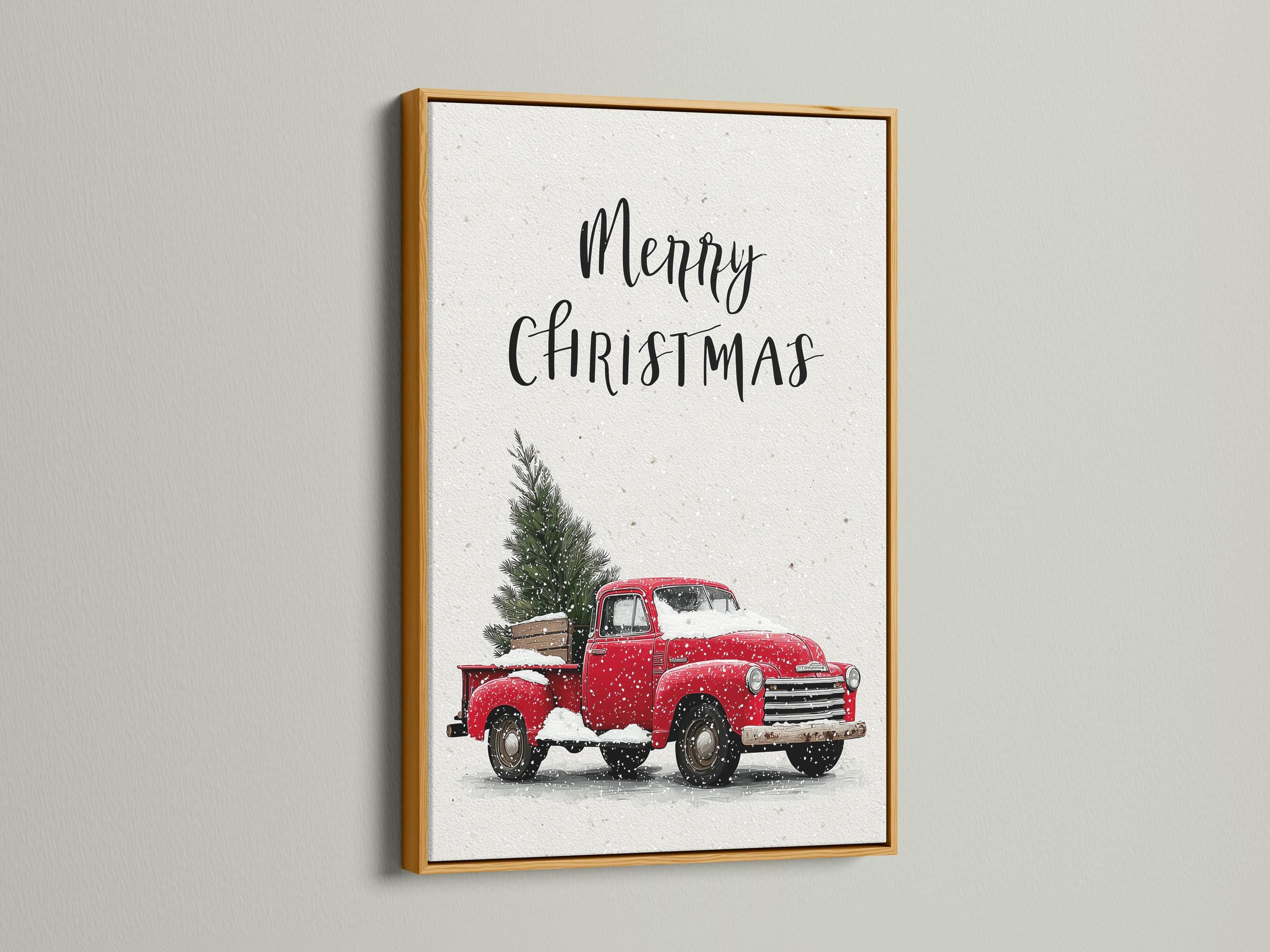 A white, snow-speckled scene shows a red vintage truck holding a Christmas tree, with handwritten-style text above it reading “Merry Christmas.”