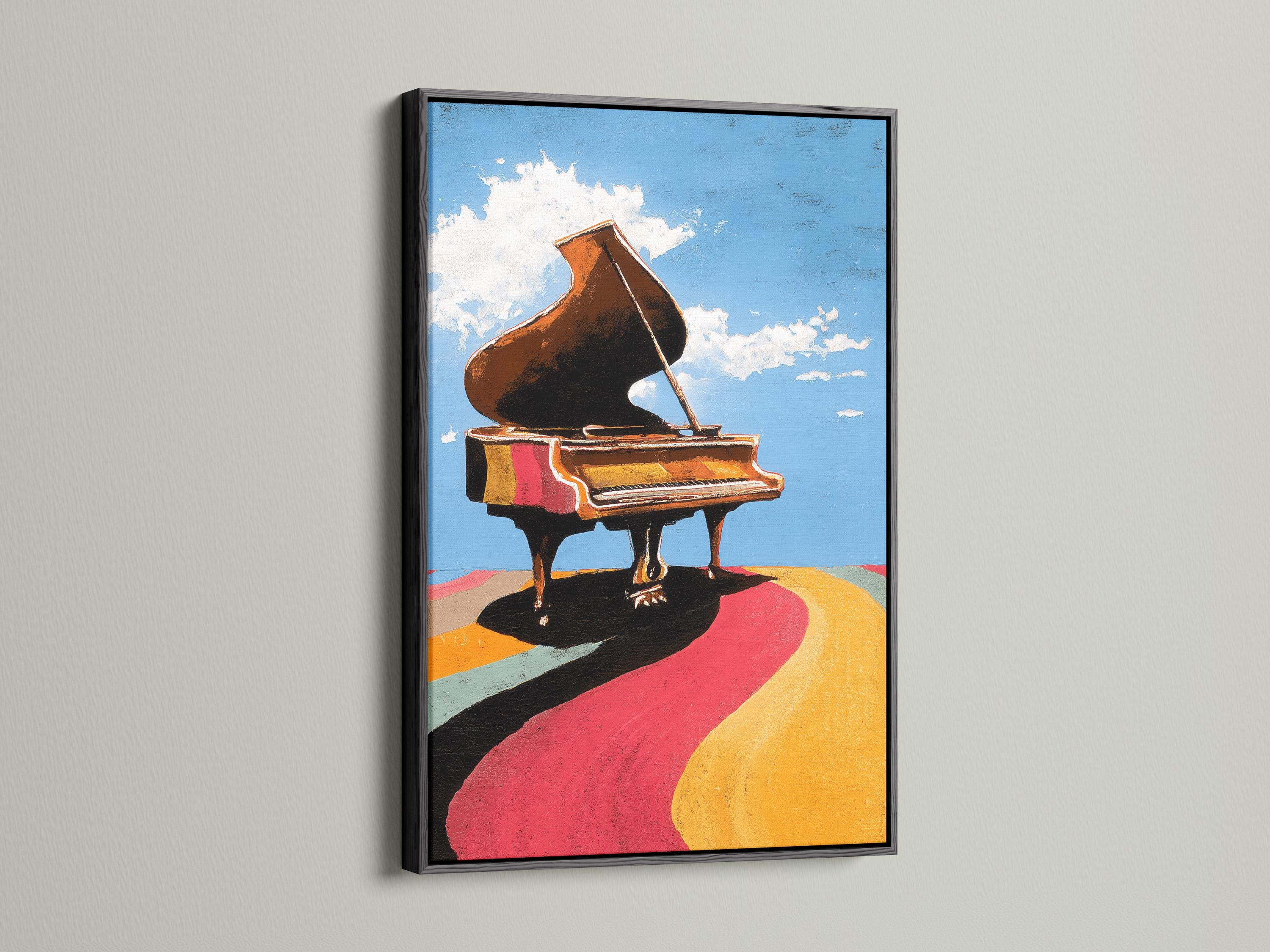Room mockup showing a framed piano artwork with blue sky and colourful ground bands