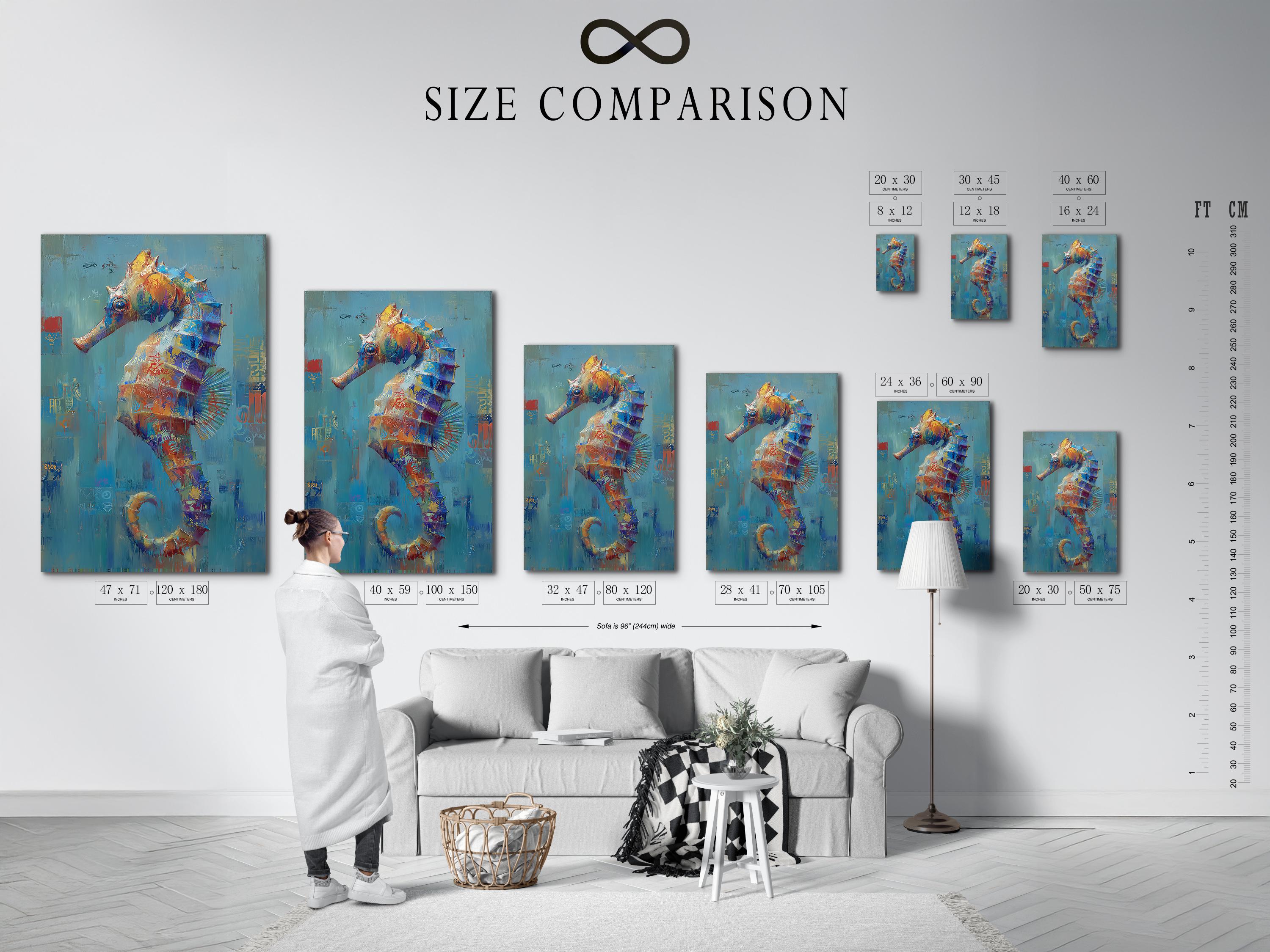 Wall mockup showing a framed abstract seahorse-like artwork with teal and coral accents