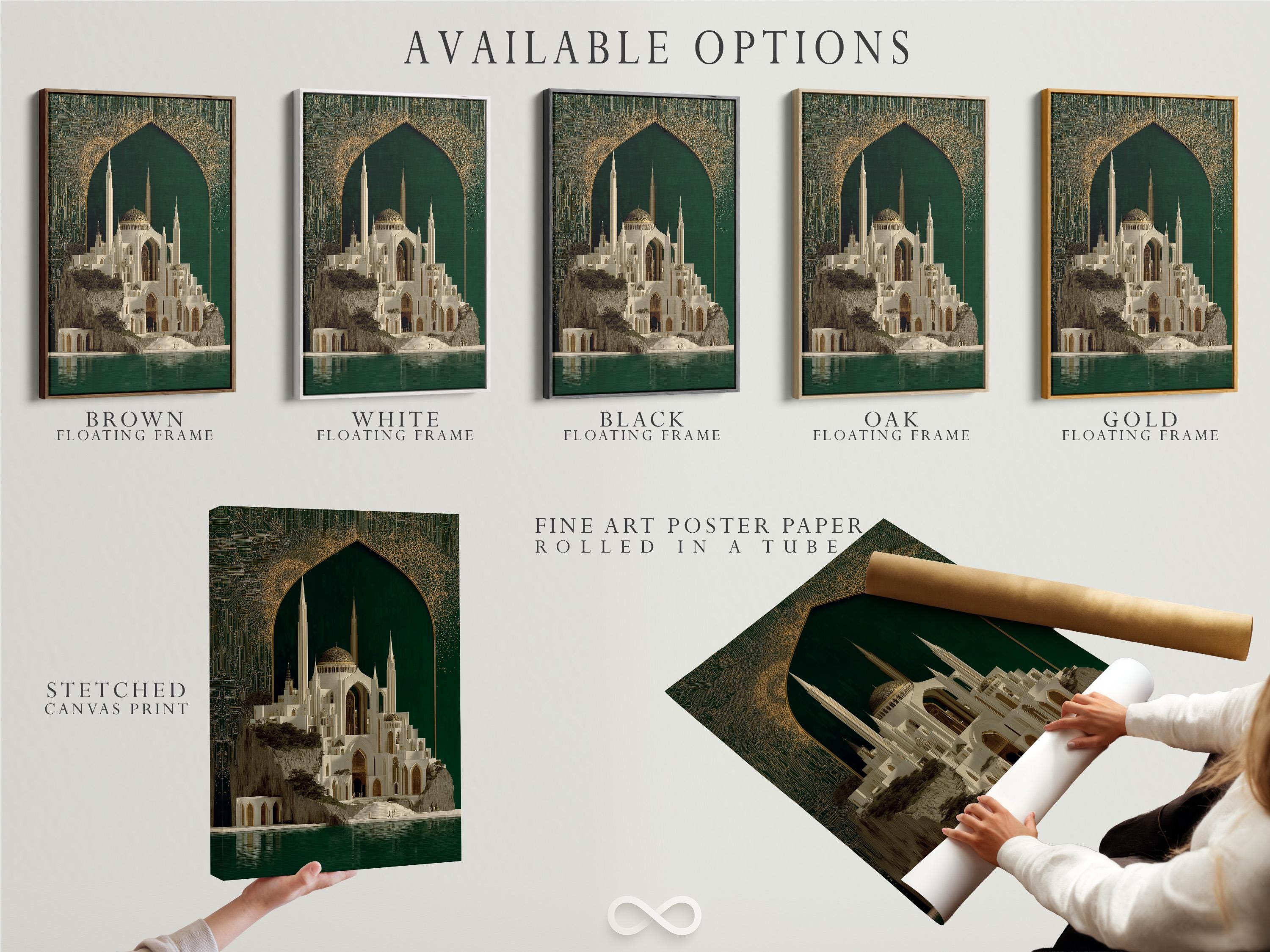 Framed mosque architecture artwork with emerald green background and gold ornate arch design detail view