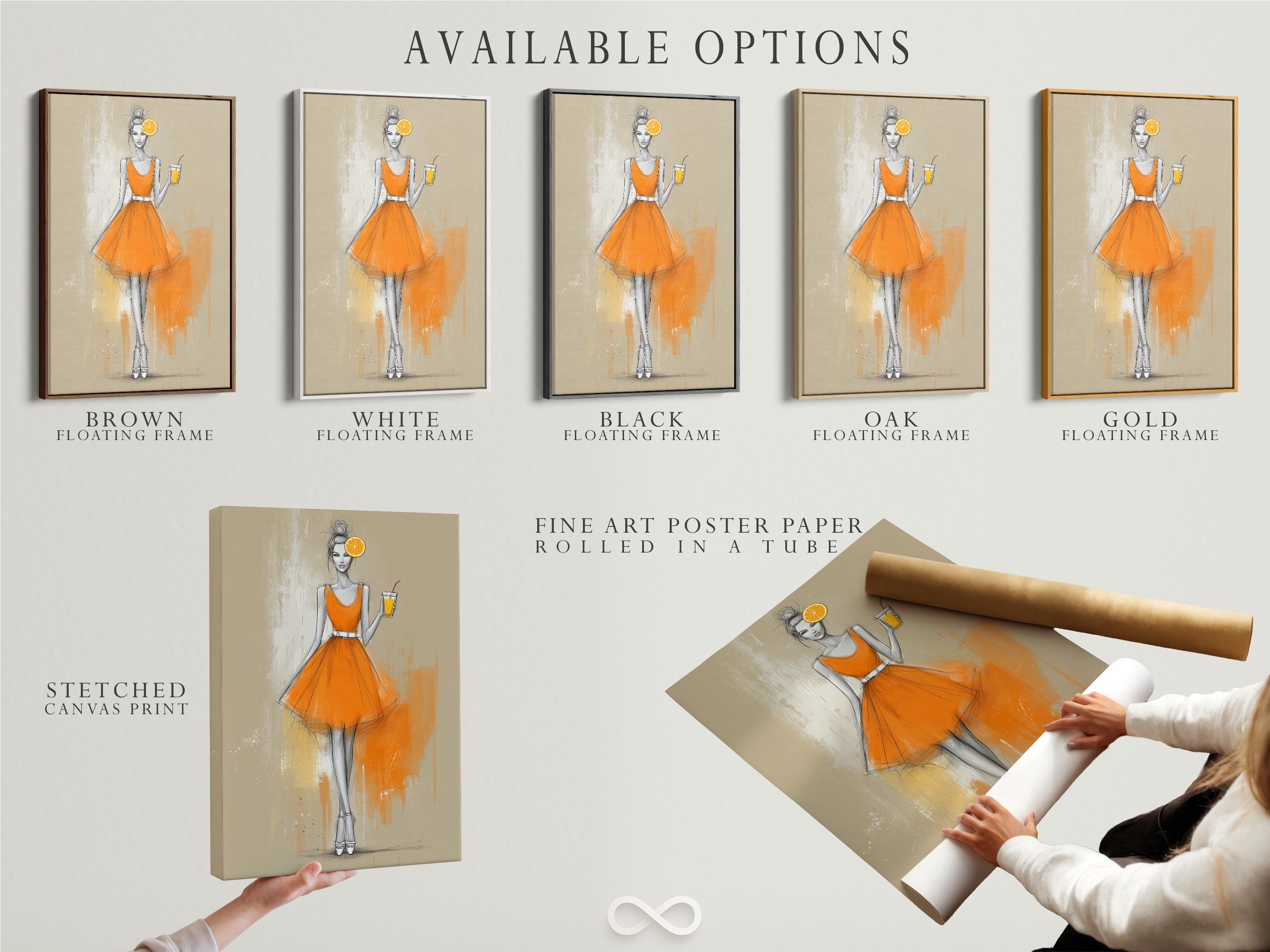 Fashion sketch of a woman in an orange dress holding a drink with an orange citrus slice above her head detail view