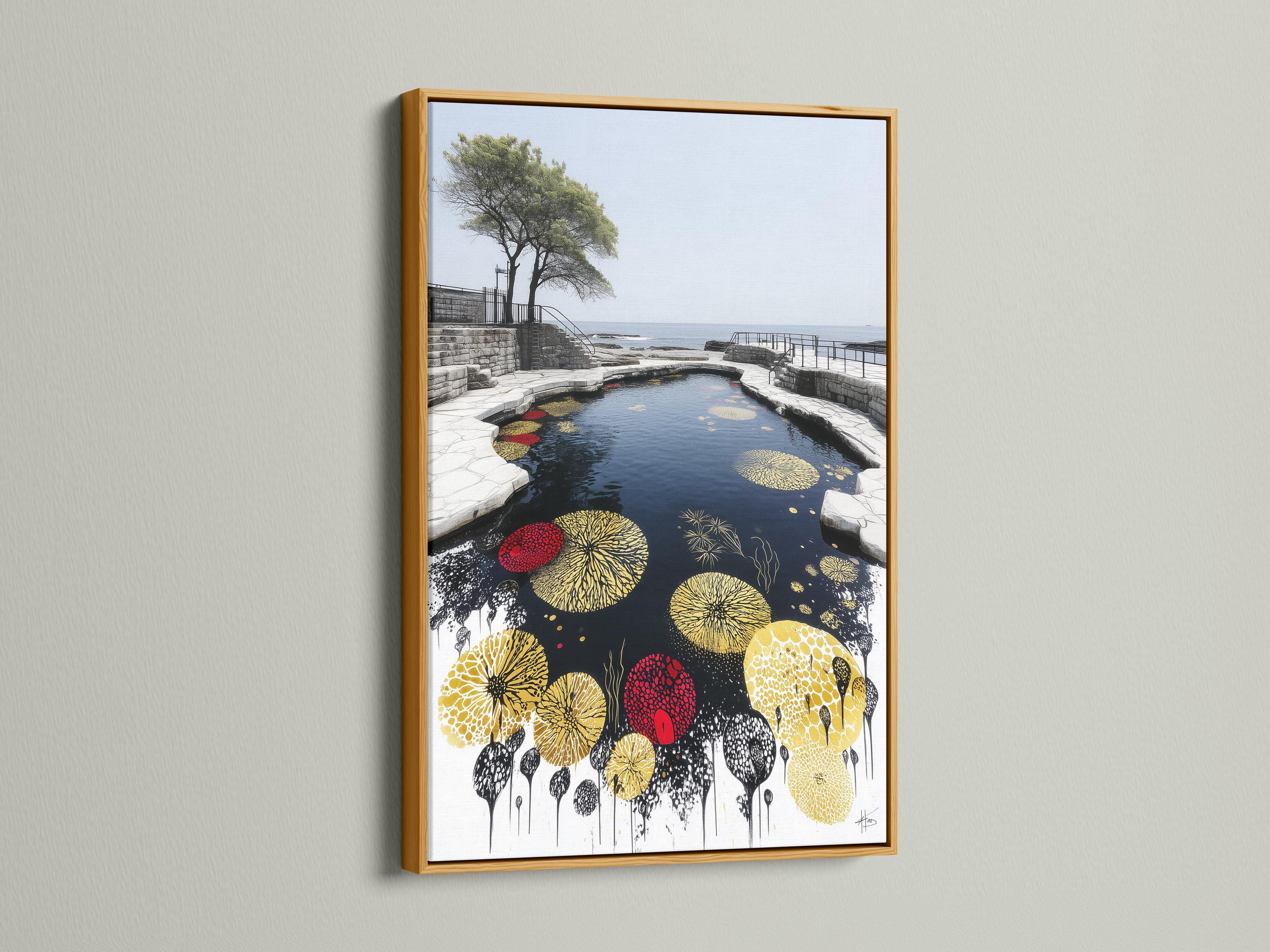 Portrait artwork showing a pond or water channel with floating lily pads in gold and yellow and dark ink splashes detail view