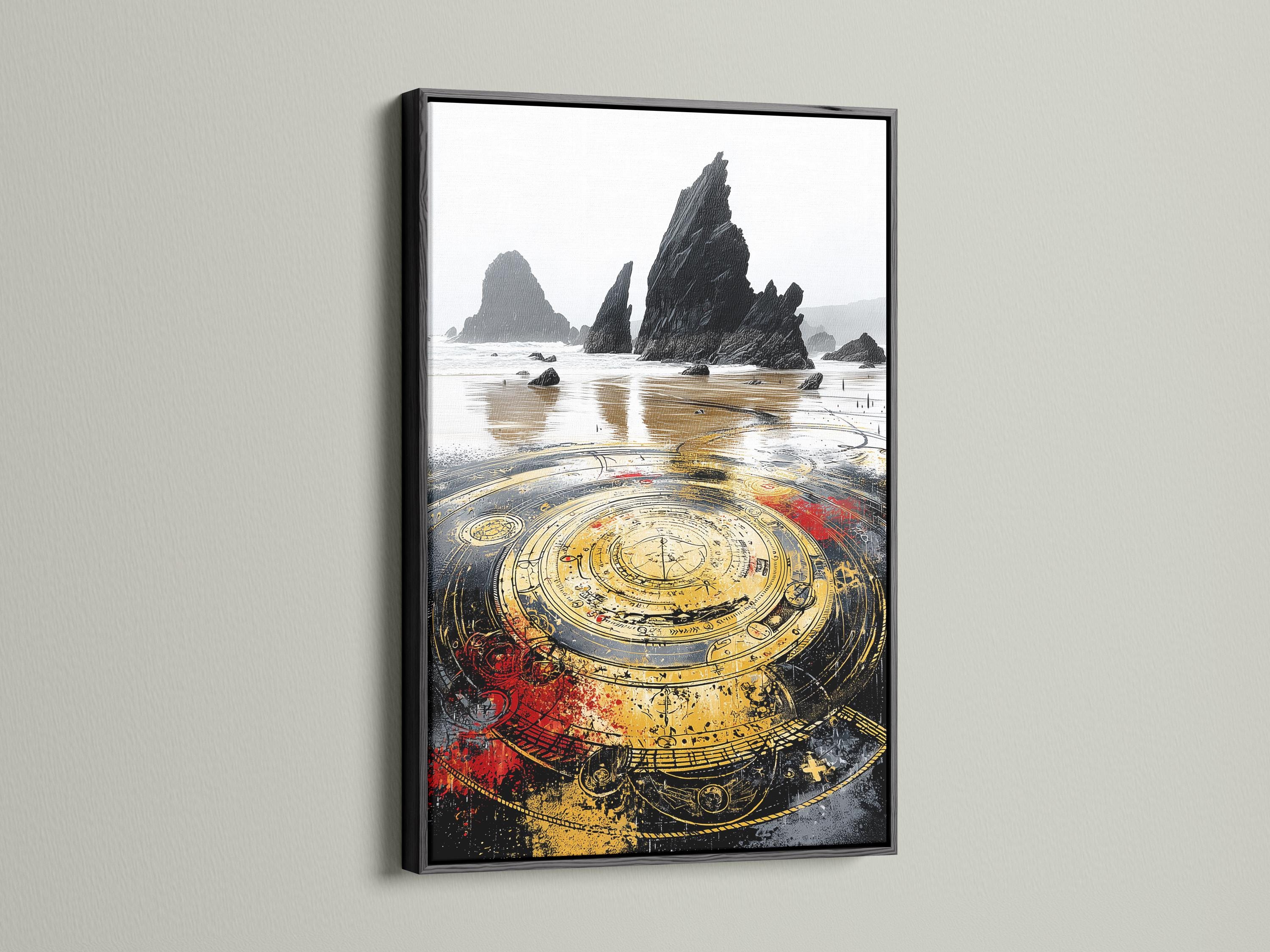 Moody seascape with dark rocks and a large ornate gold compass with red accents detail view