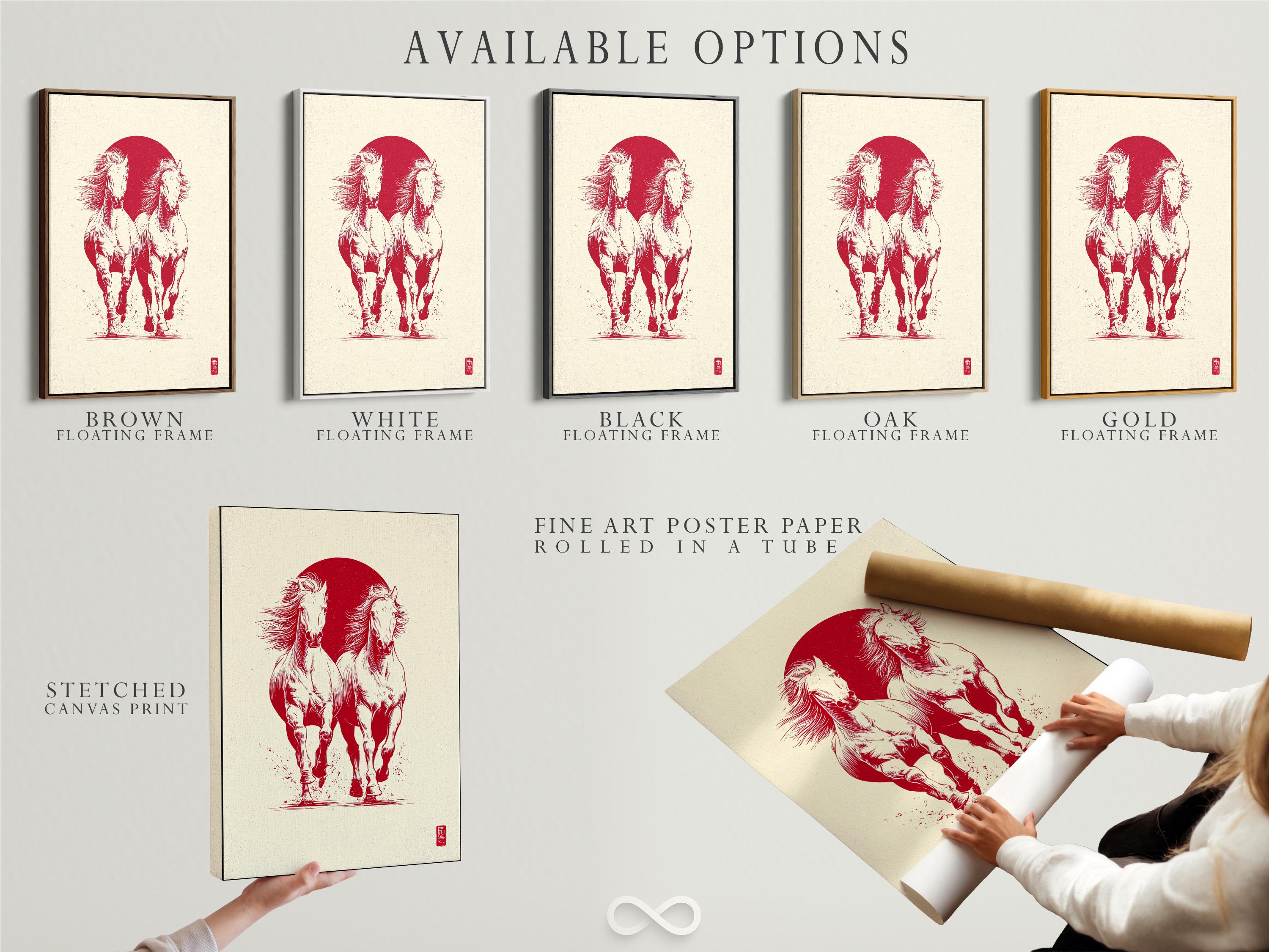 Wall mockup showing a framed artwork with two rearing horses in white against a red circle