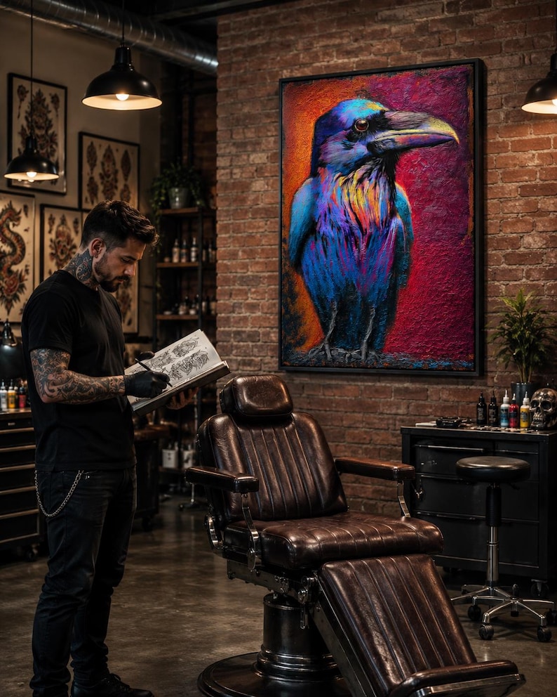Vivid raven portrait artwork with blue, purple, red and orange colours