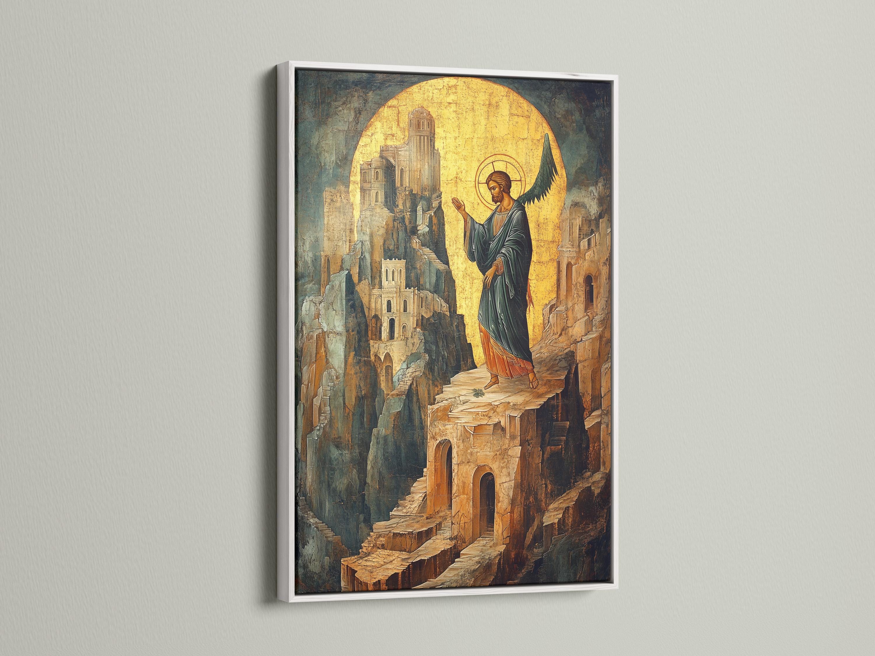 Stylised angel icon with a golden halo standing over a stone cityscape detail view