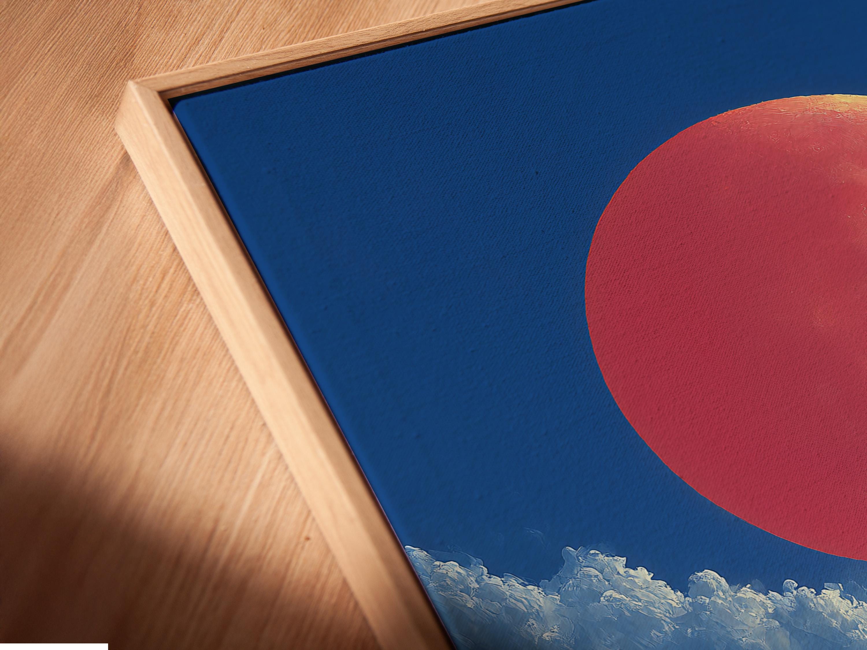 A snowy mountain landscape is shown under a large red-orange moon, with blue slopes, clouds, a ski lift line, and small skiers below detail view