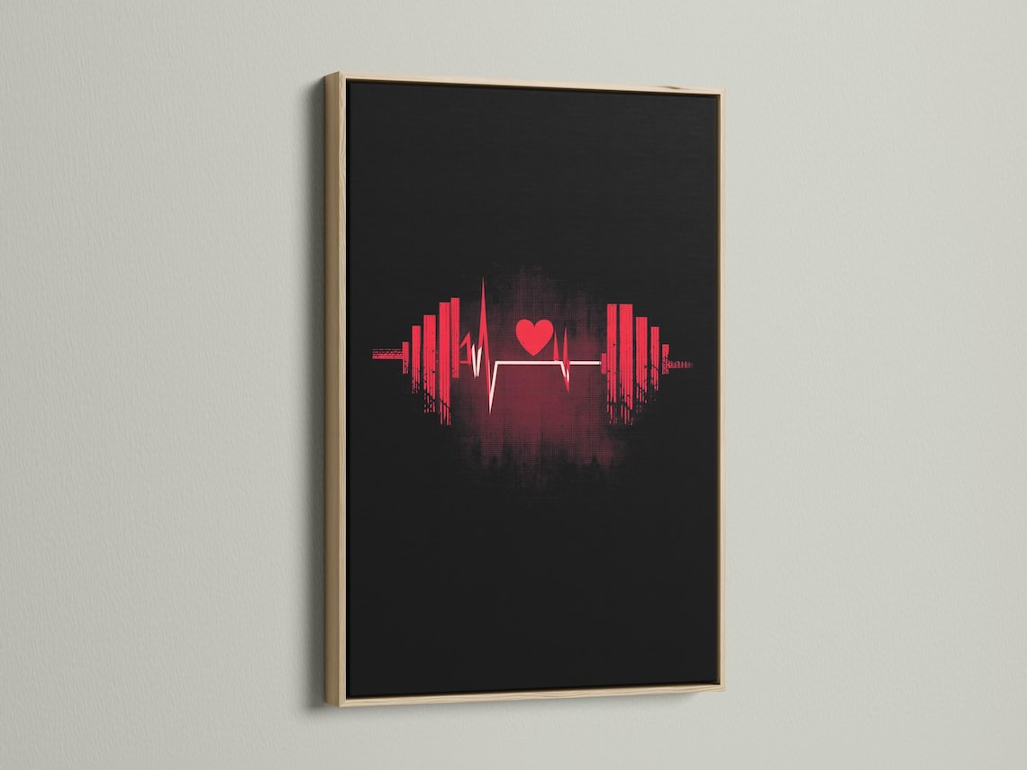 Black fitness graphic with a red heart icon, pulse waveform line and symmetrical vertical bars detail view