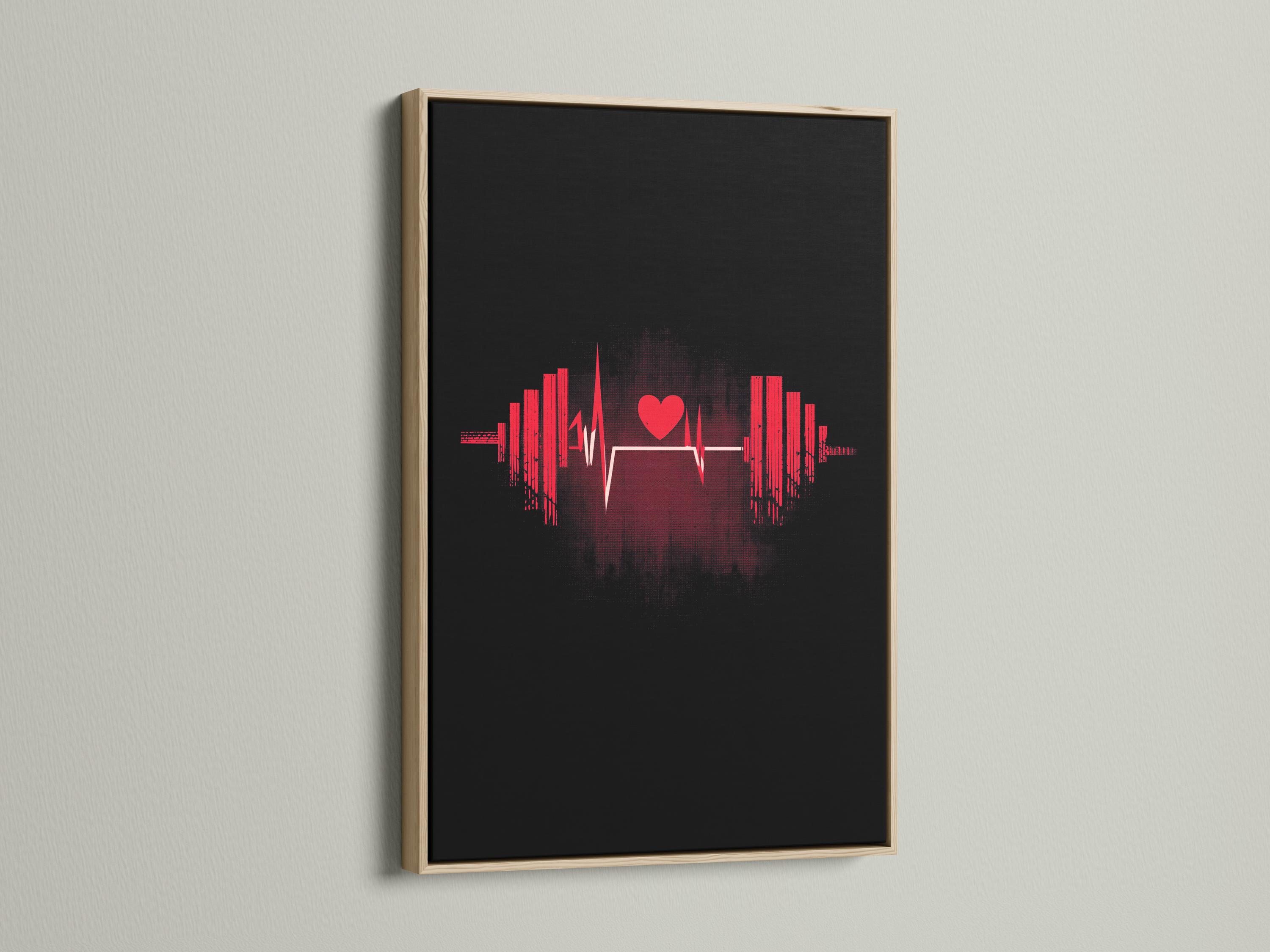 Black fitness graphic with a red heart icon, pulse waveform line and symmetrical vertical bars detail view