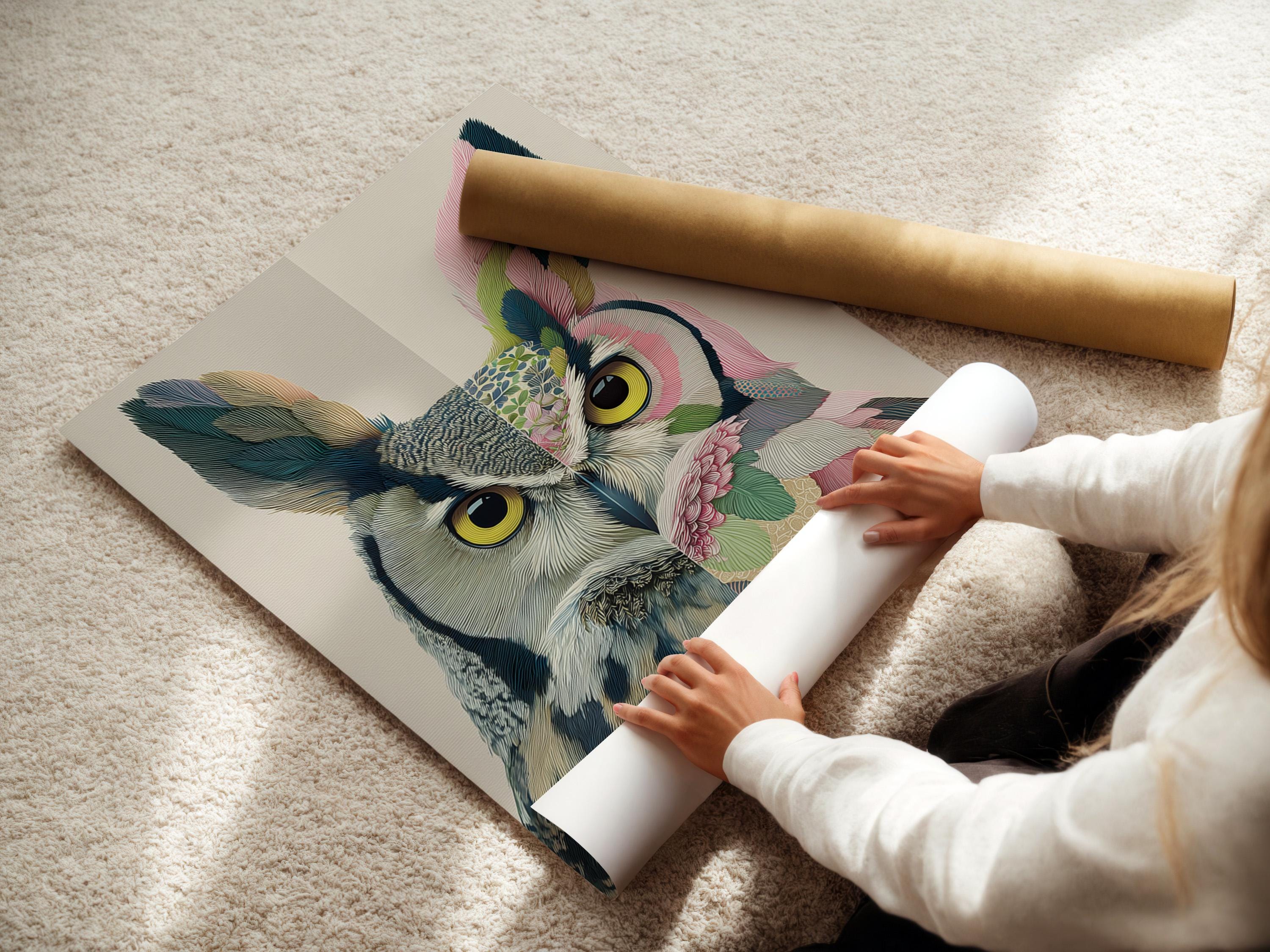 Split owl portrait with yellow eyes, fanned wings and pink flower plus green leaf details detail view
